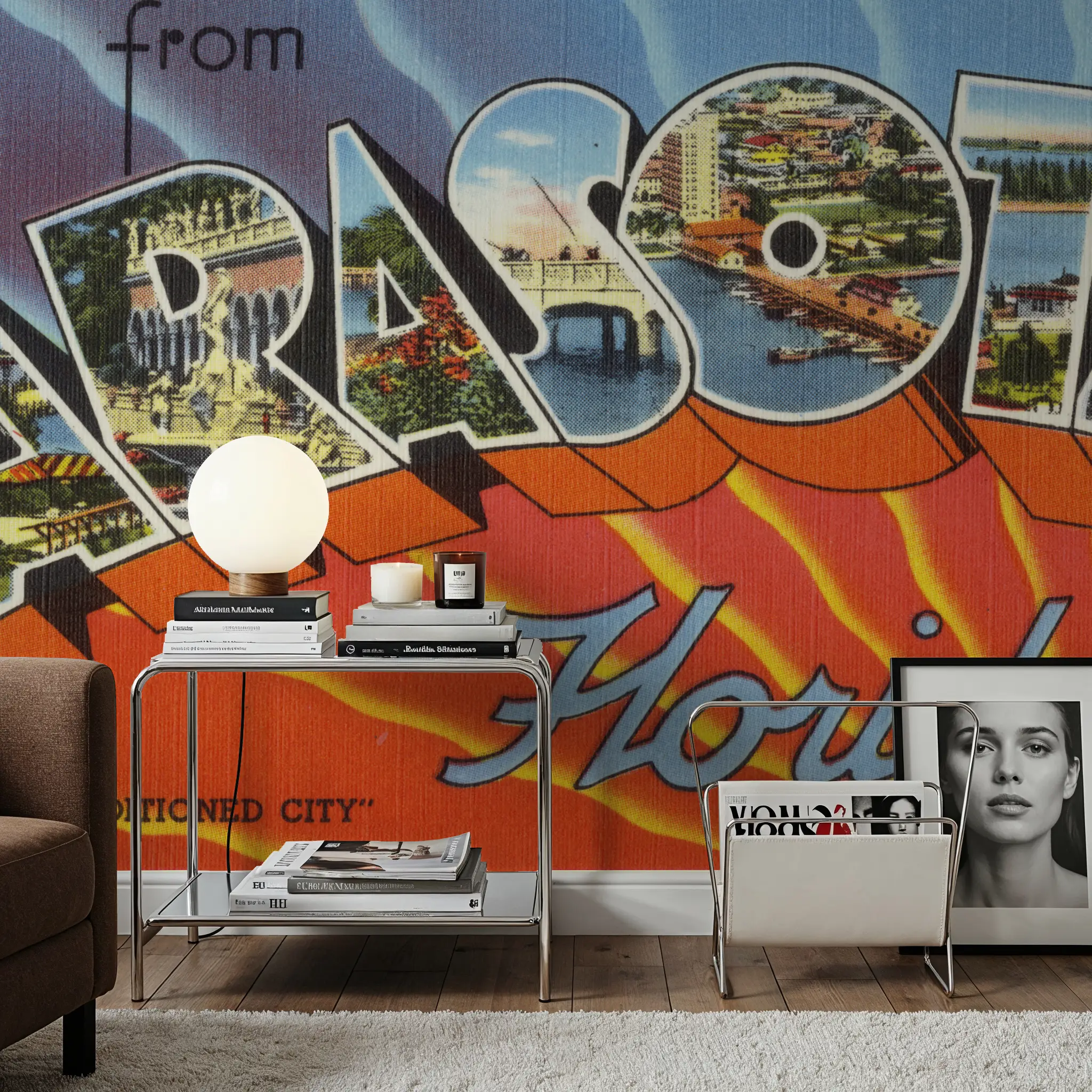 Wall Mural - Greetings from Sarasota - Screenprint Postcard - Holiday Travel & Landmarks mural wallpaper - Orange - Hallway staircases - Wallism UK