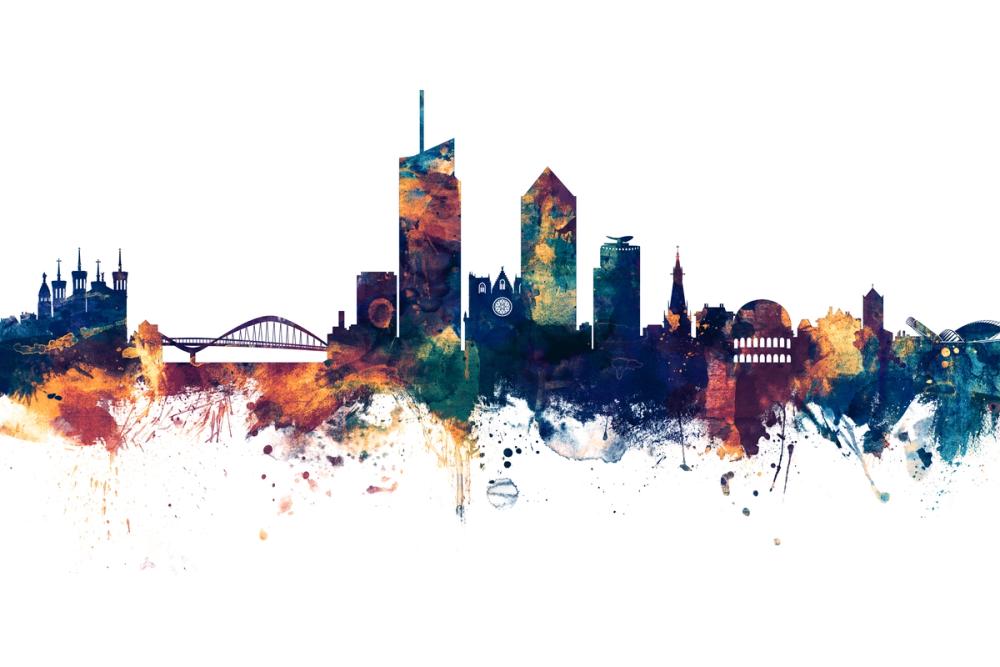 Lyon France Skyline Blue & Bronze