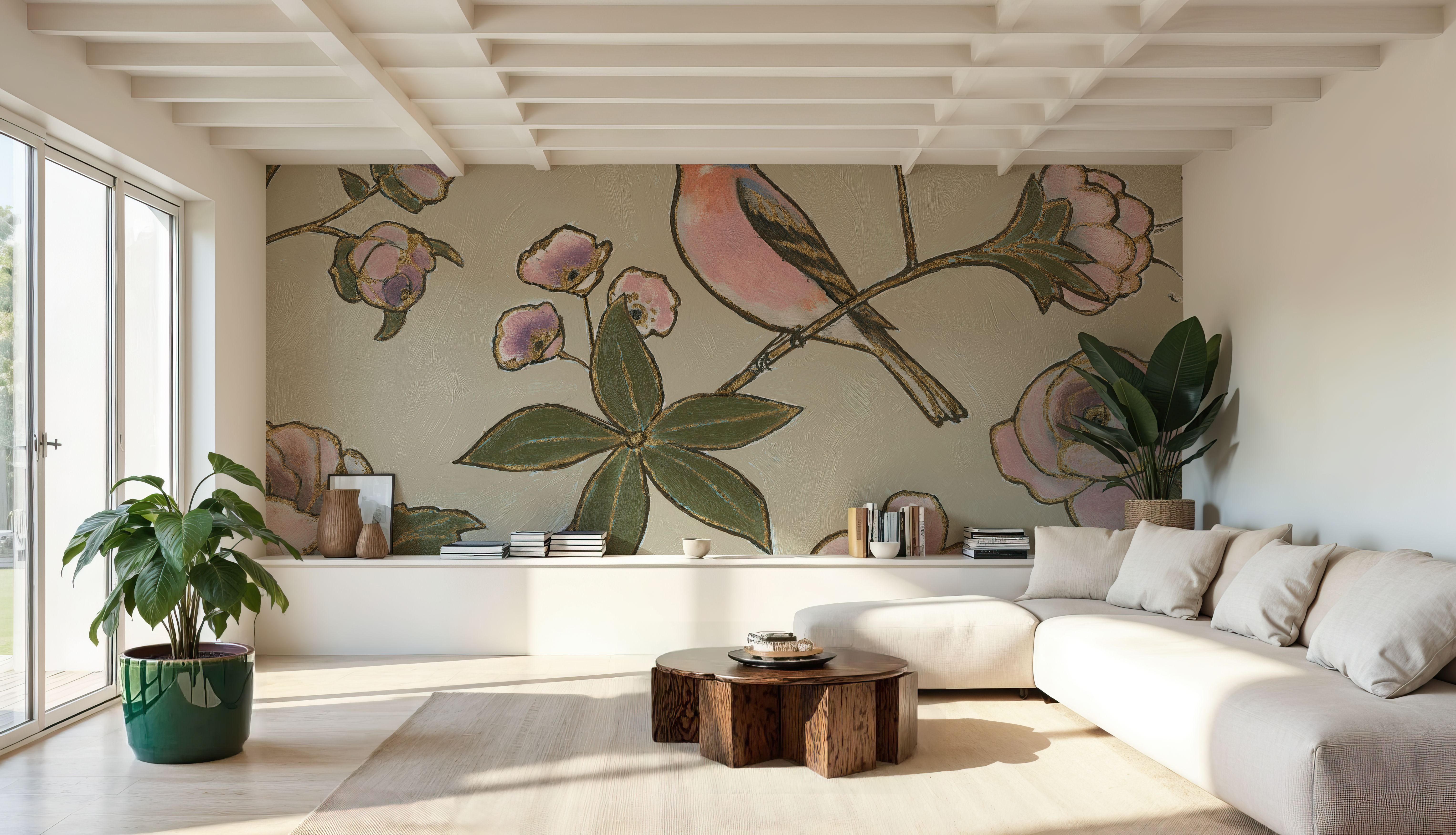 Fototapete - Golden Aviary III - Vögel Tiere - Pink - Wohnzimmer - Wallism Österreich - Selbstklebende Tapeten oder Kleistertapeten