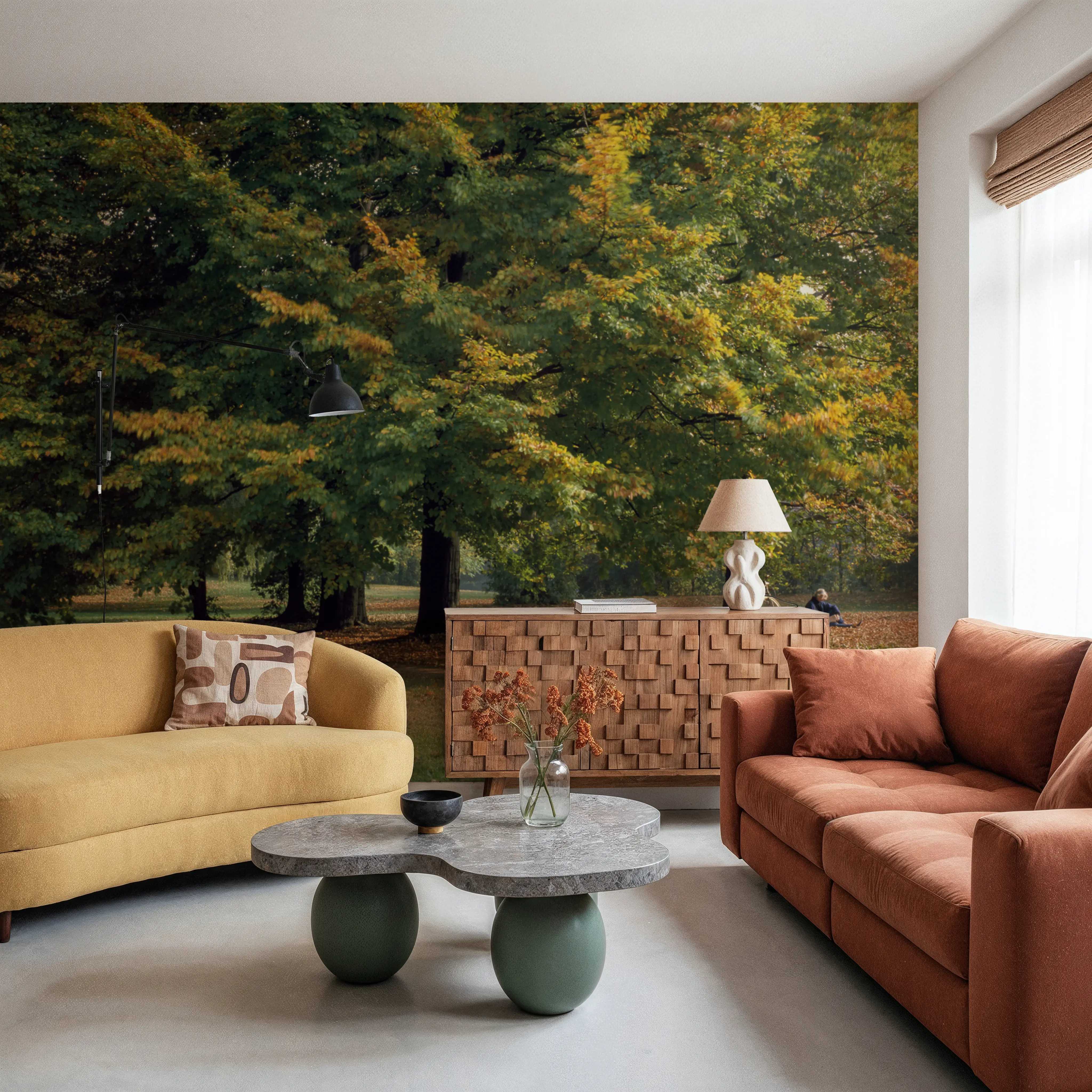 Wall Mural - Autumn Bicycle Haven - Foliage Landscapes mural wallpaper - Green - Offices - Wallism Ireland - Peel & Stick or Paste-the-Wall