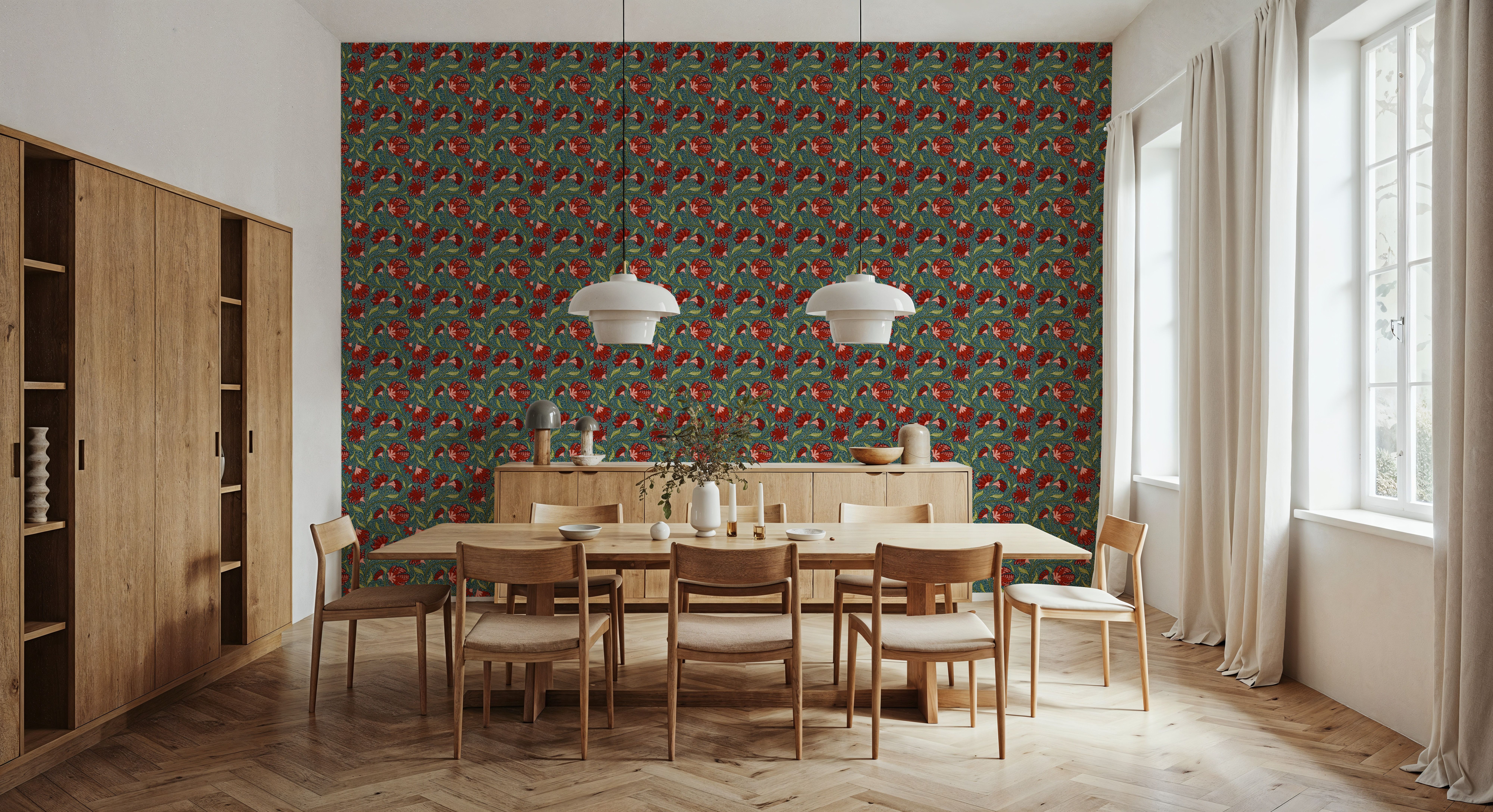 Indial Floral, Vermilion on Teal