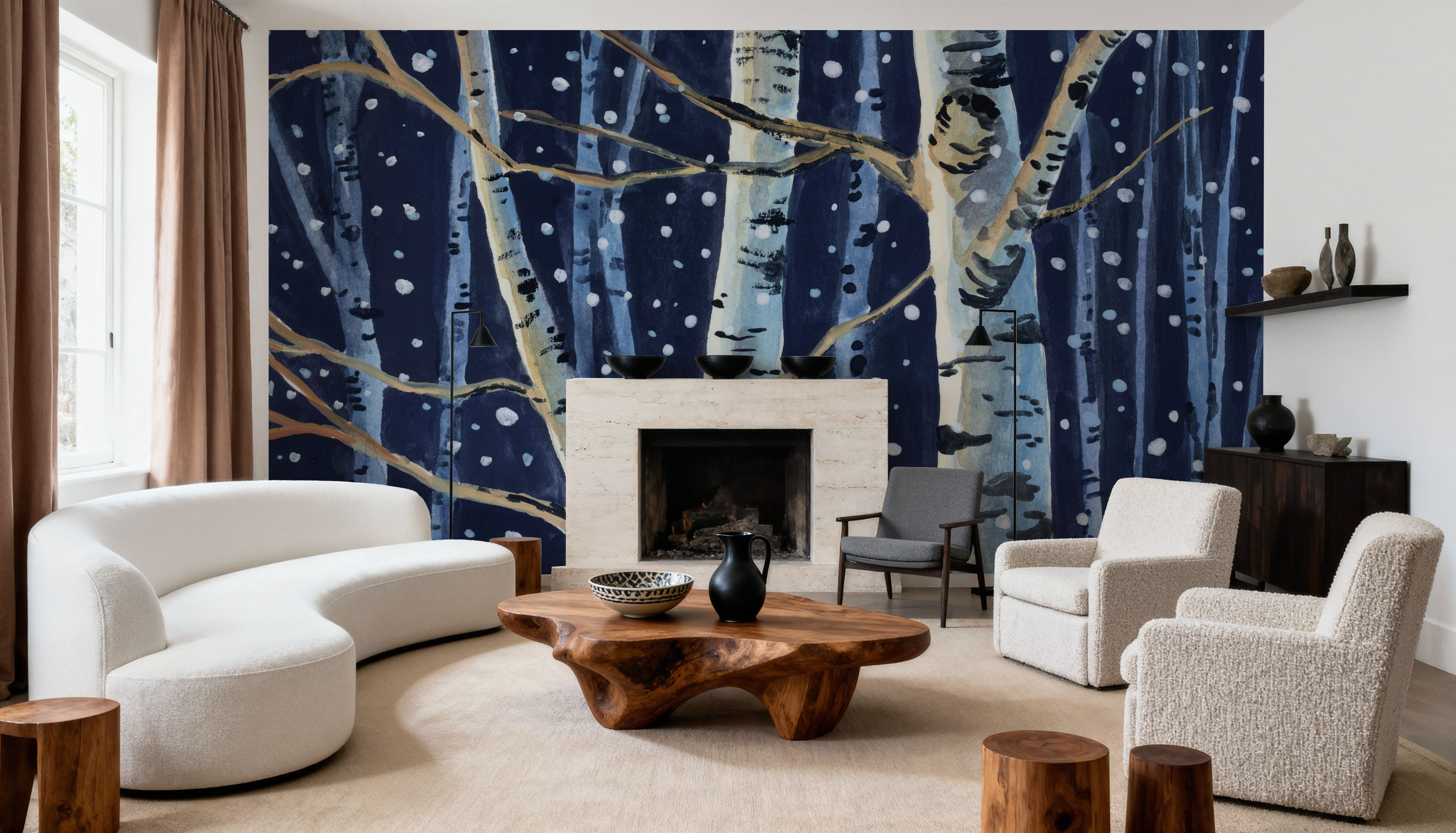 Snowy Birch Grove at Night