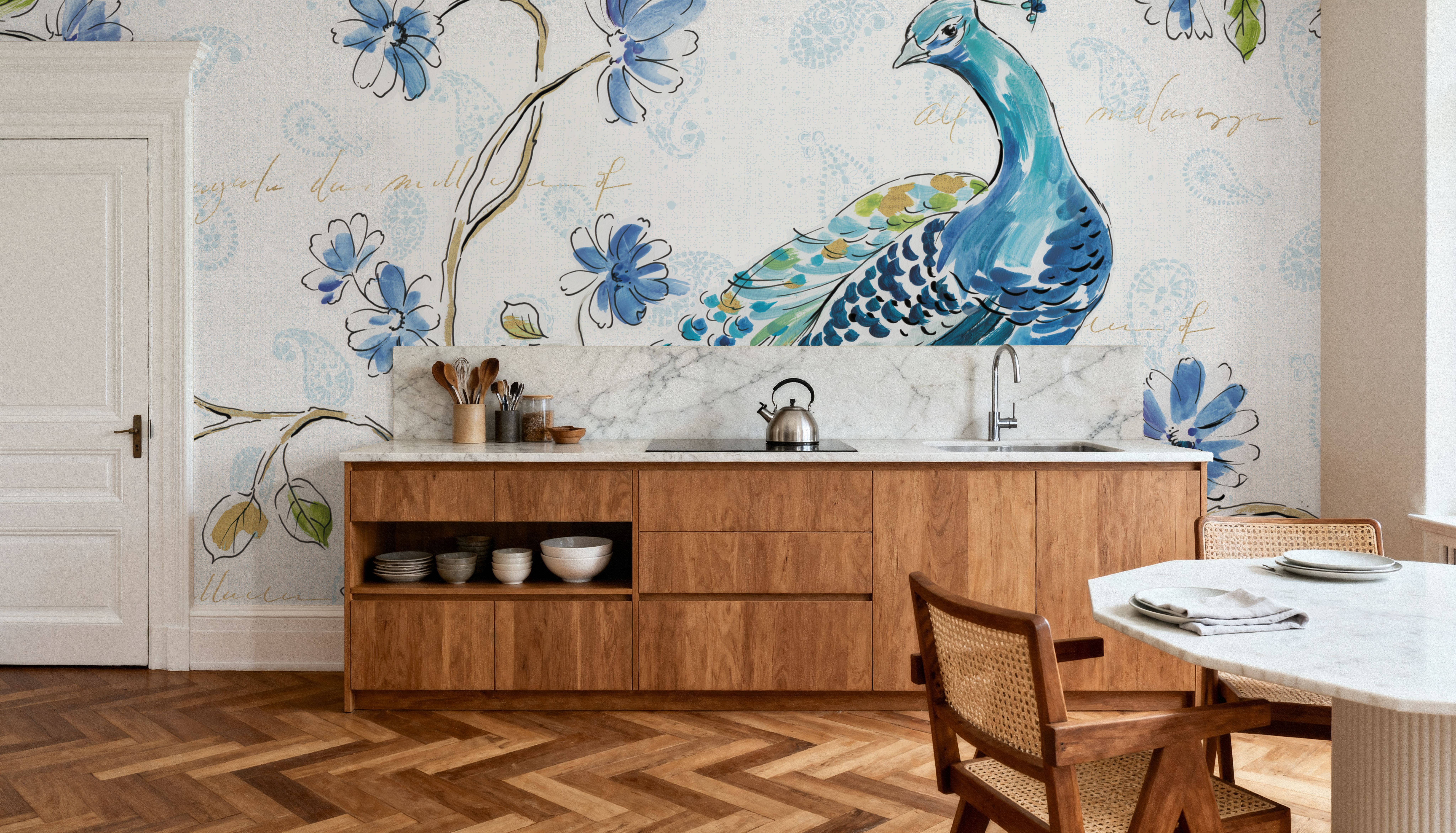 Peacock Allegory II White, Wallpaper