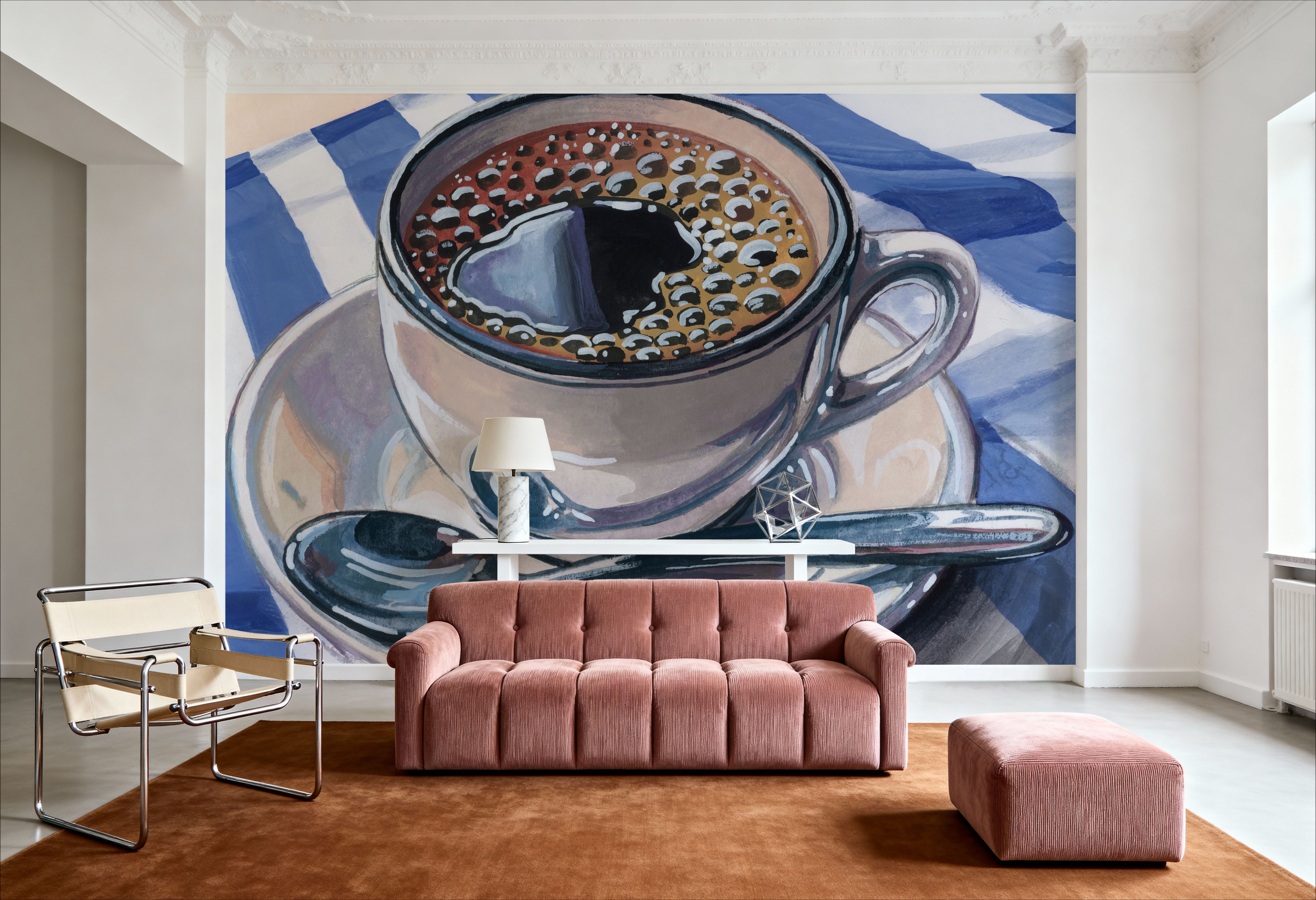 Black Coffee On Striped Cloth