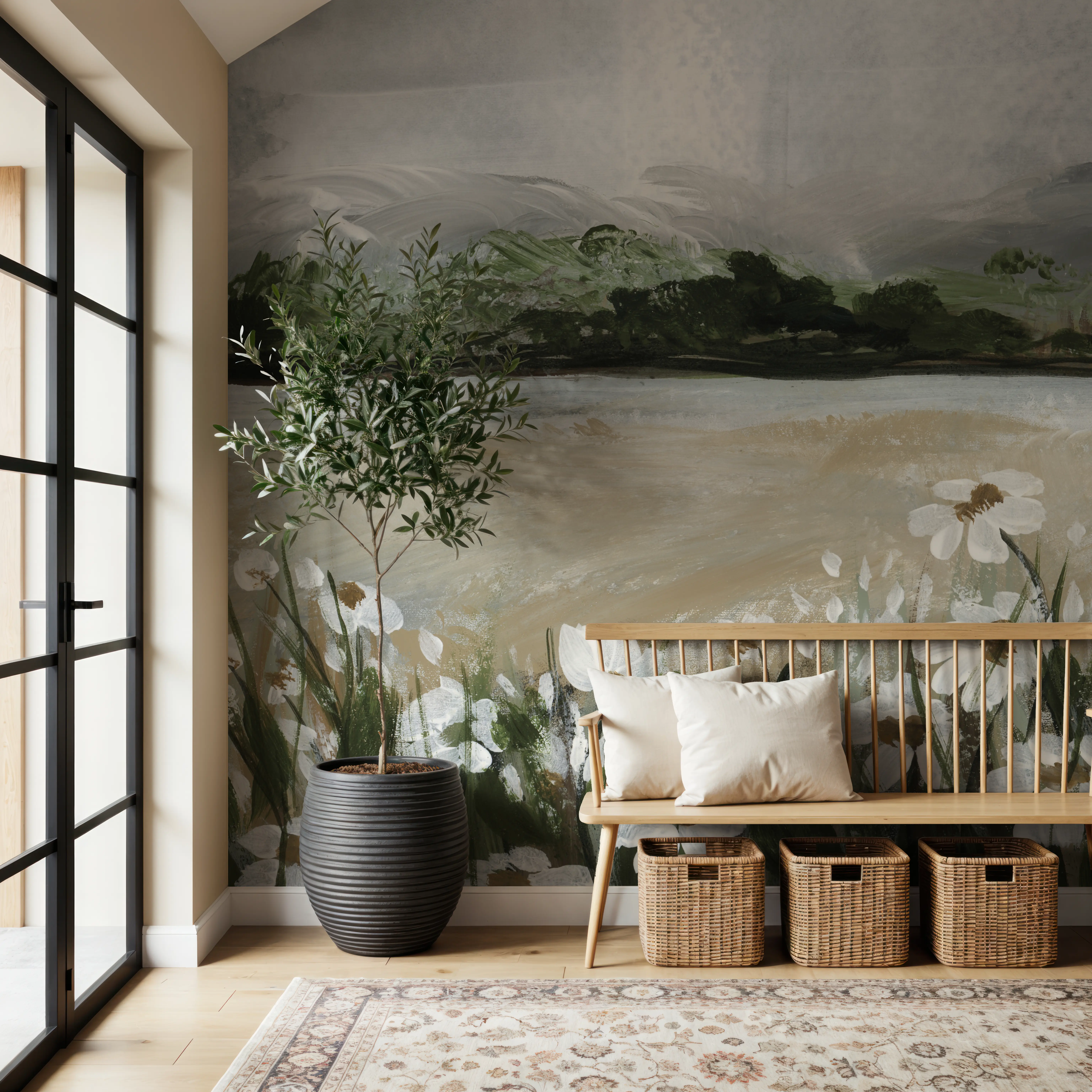 Wall Mural - Wildflowers Among the Landscape - Abstract Nature mural wallpaper - Yellow - Hallway staircases - Wallism UK