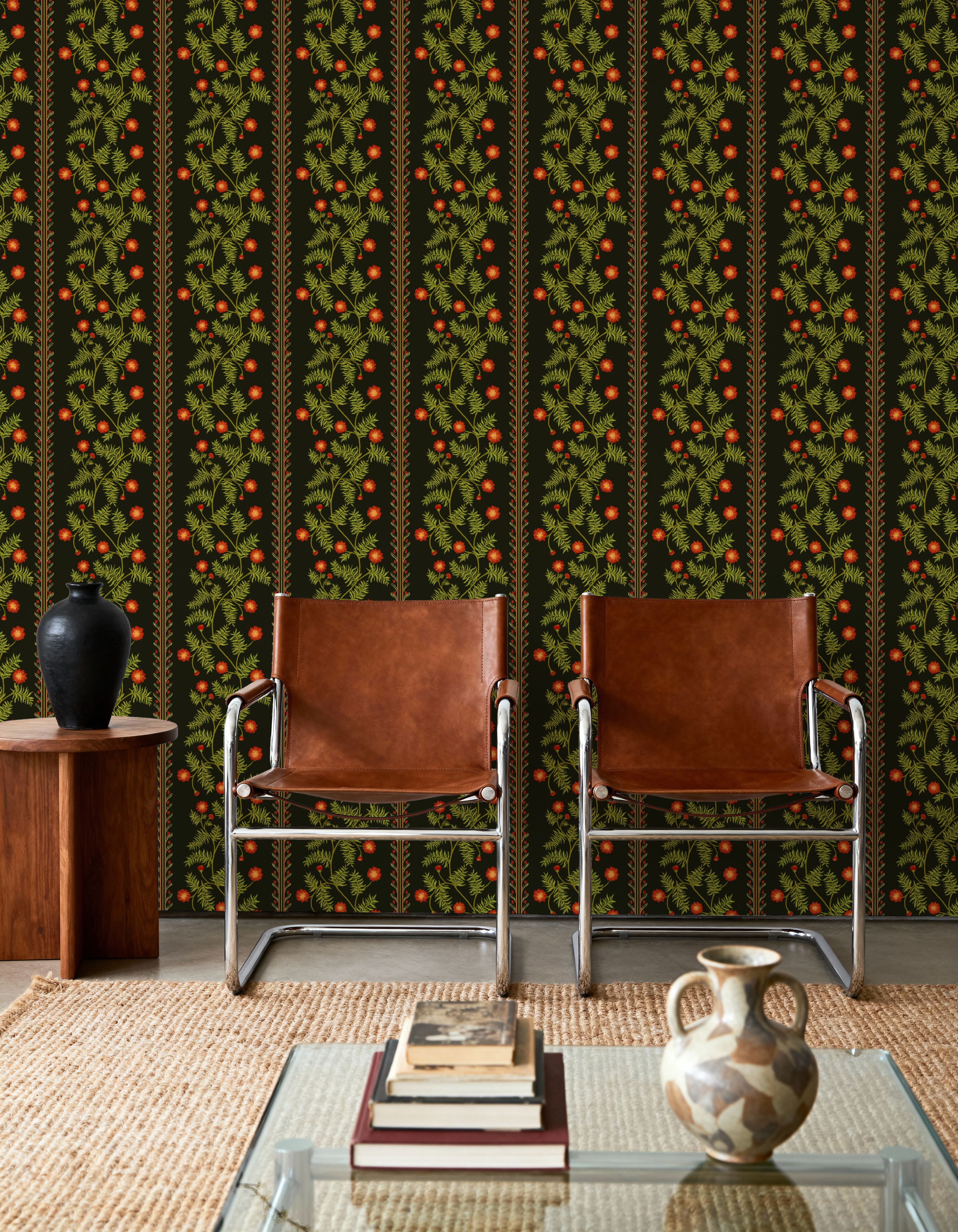 Marigold Stripes, Vermilion on Black