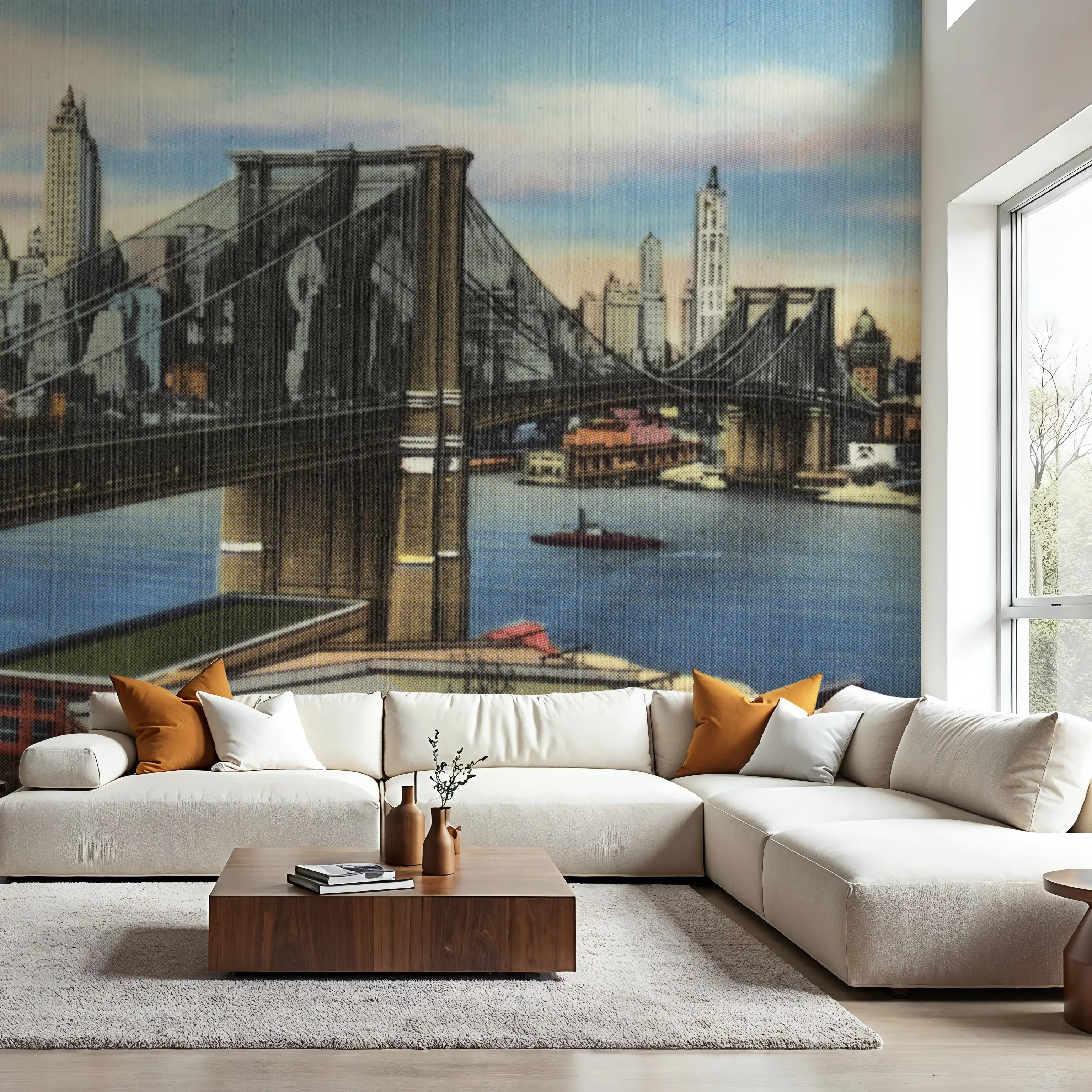Fotobehang - Greetings from Brooklyn Bridge - Screenprint Postcard - Architectuur Grote Steden Mural - Blauw - Gangtrappen - Wallism België