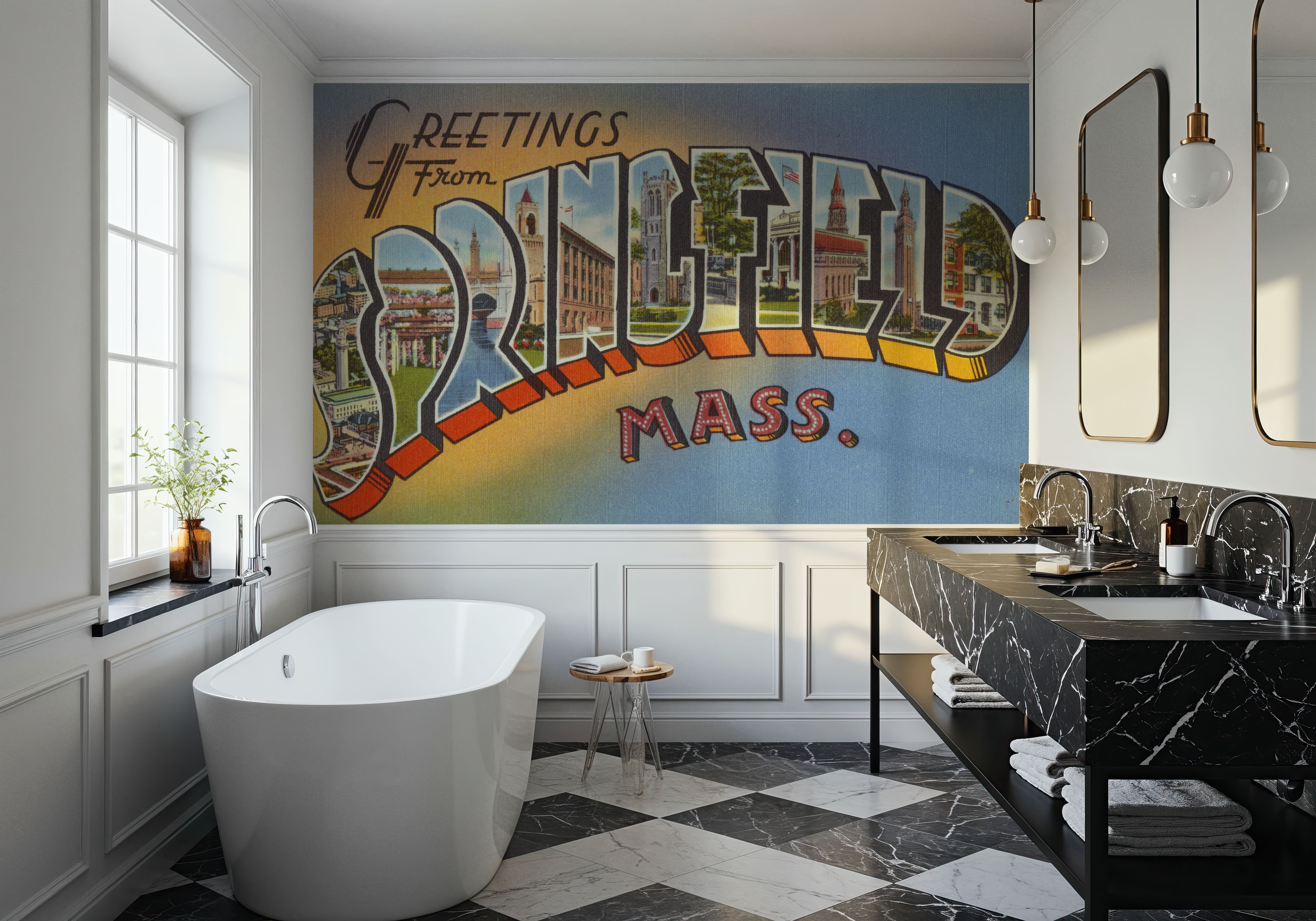 Greetings from Springfield Mass. - Screenprint Postcard, Wallpaper