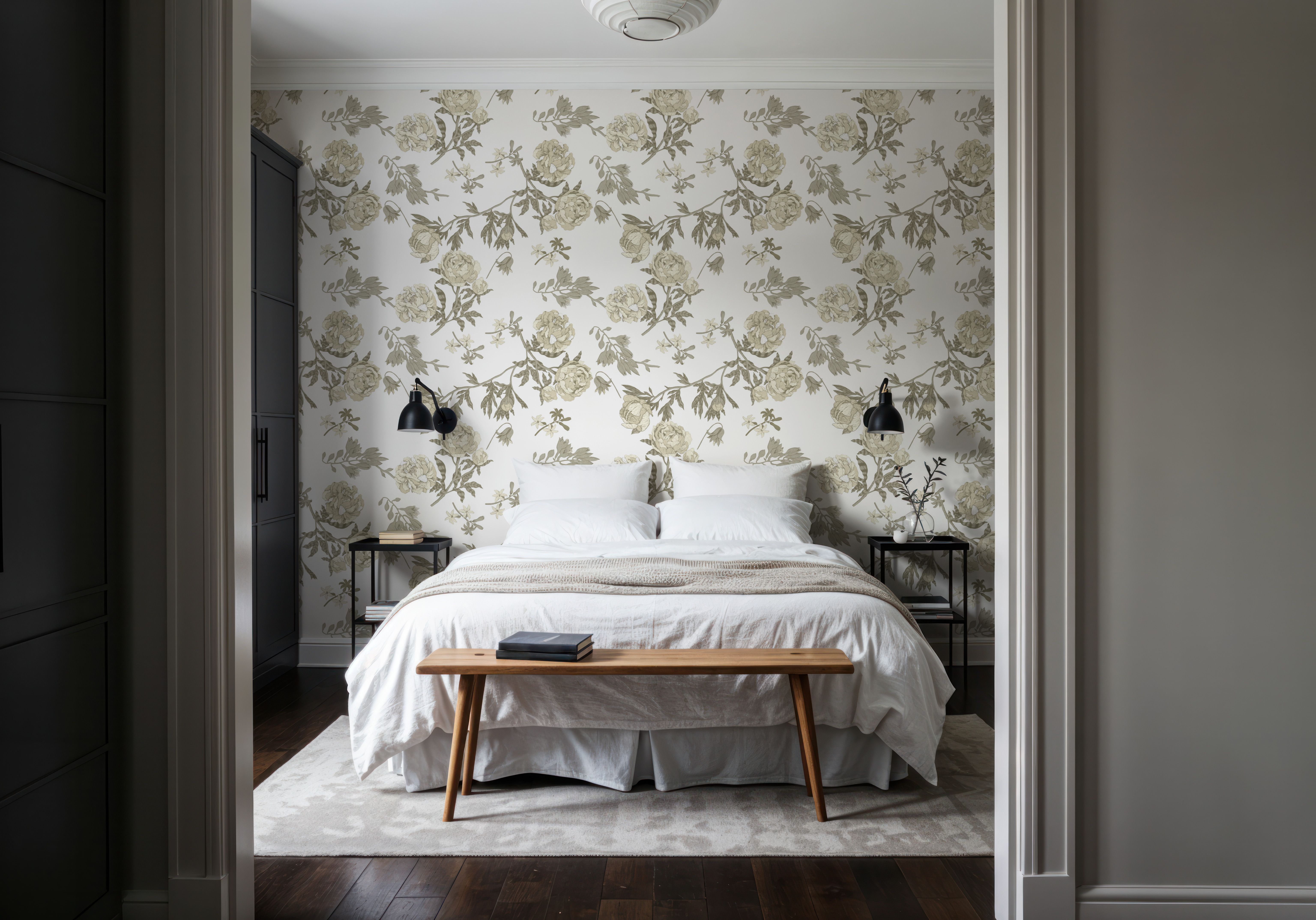Peony Passion, Khaki on White