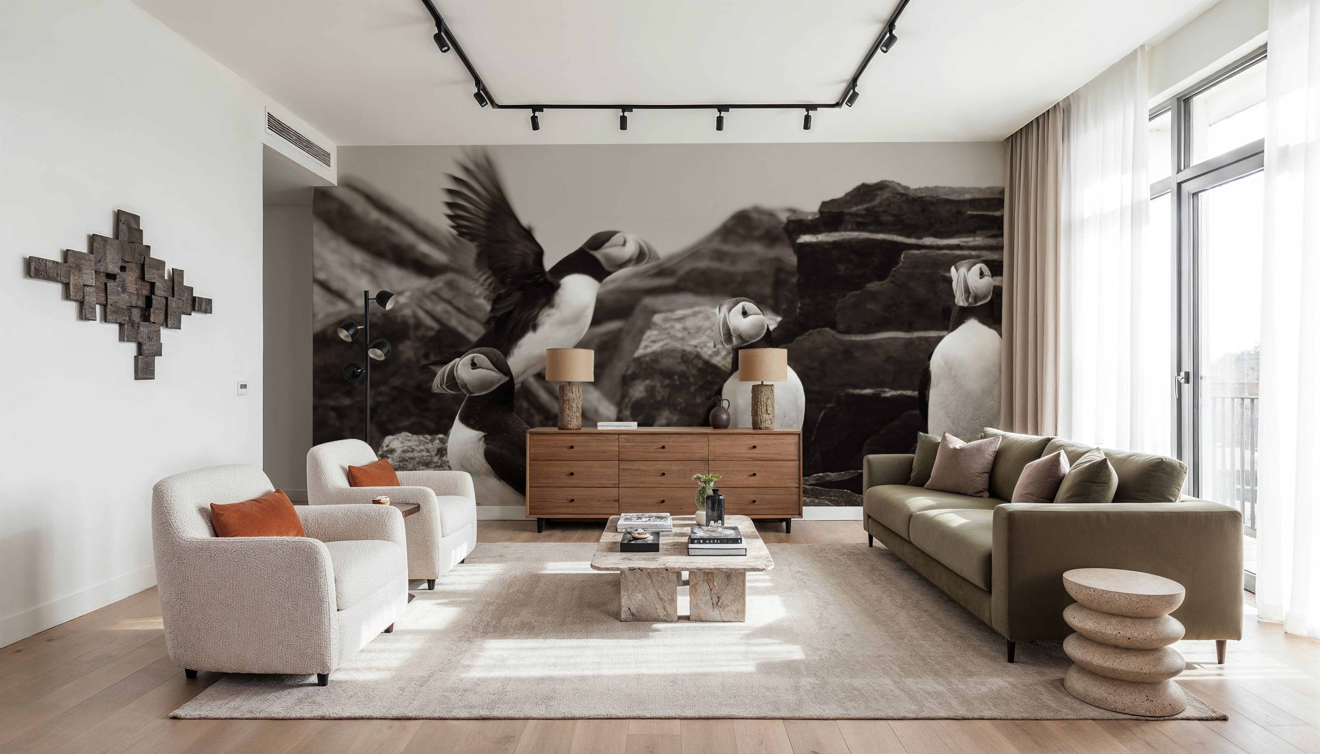 Atlantic Puffin Colony BW