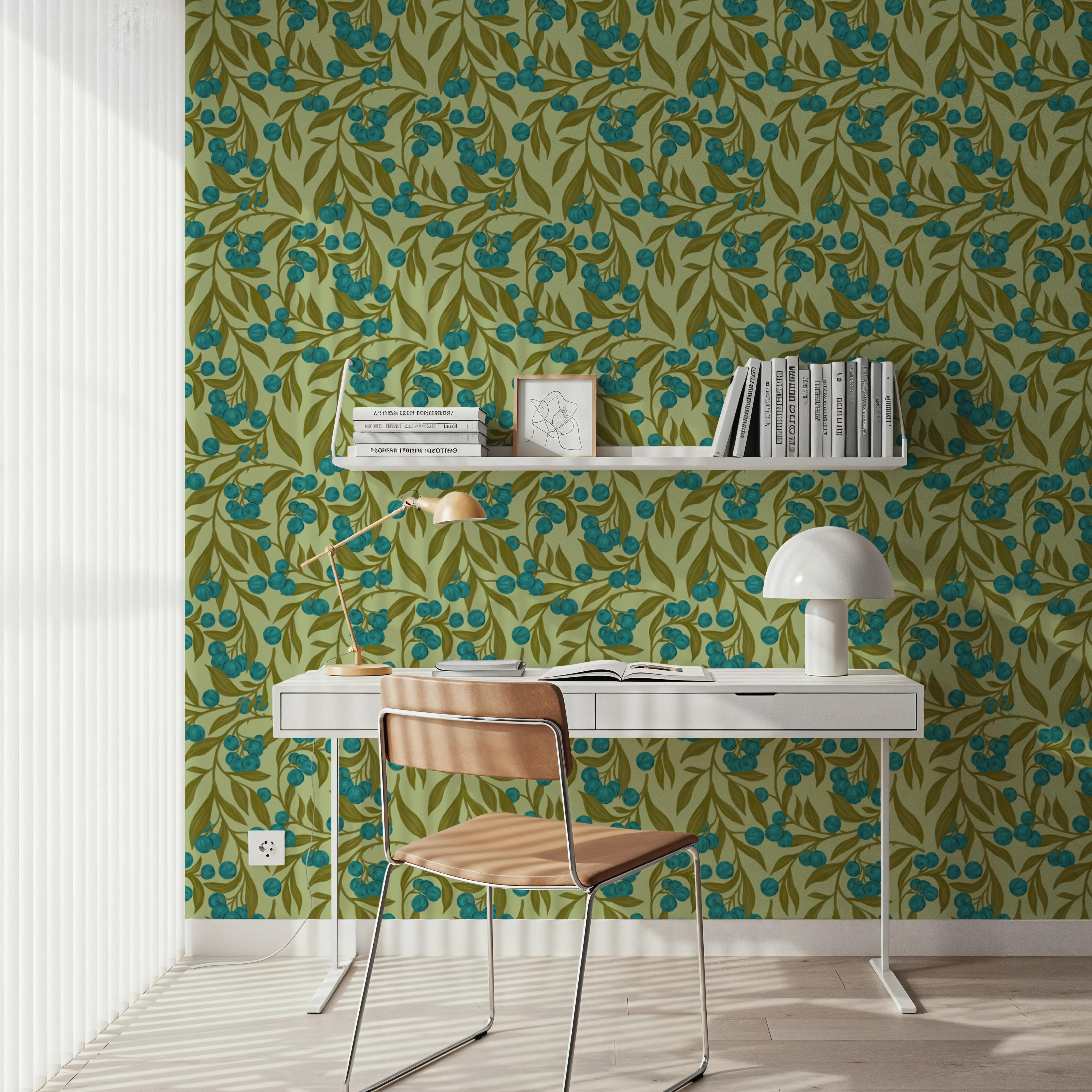 Behang - Autumn Berries, Blue - Kunst en Ambacht Fruit - Blauw - Kantoorruimtes - Wallism België - Zelfklevend of Vliesbehang