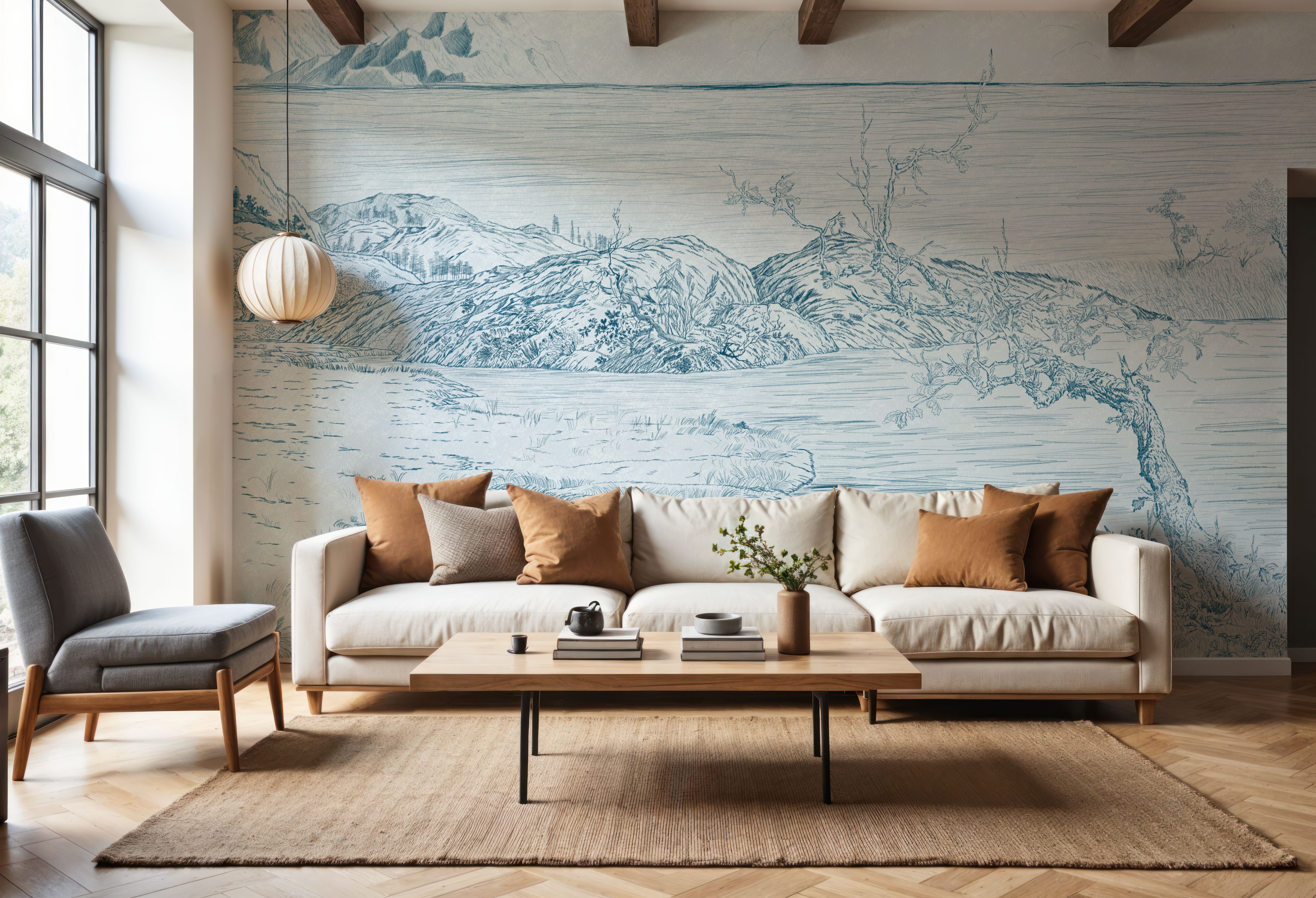 Coastal Drawing in Blue, Wallpaper