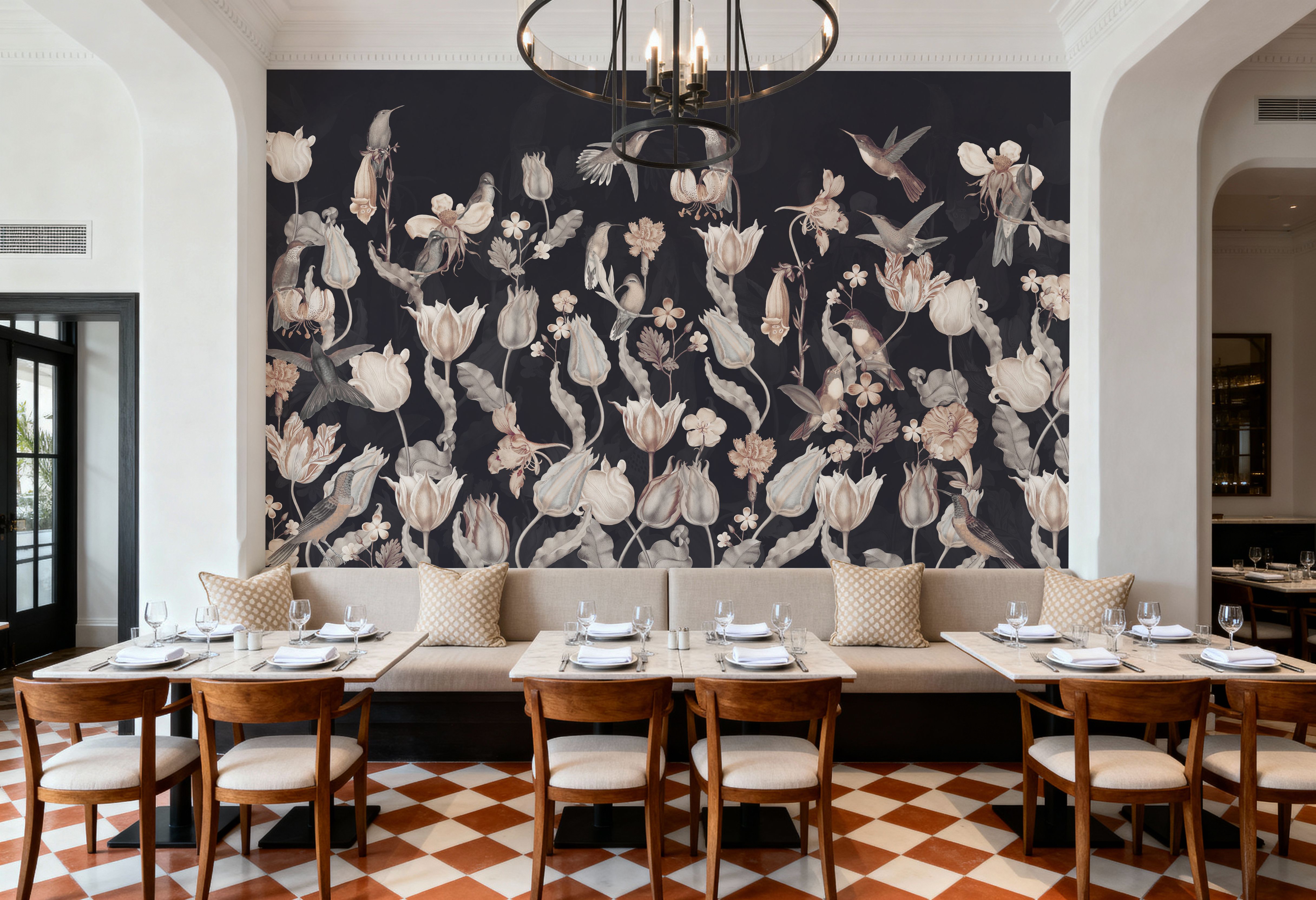 Tulips & Birds, Midnight, Wallpaper