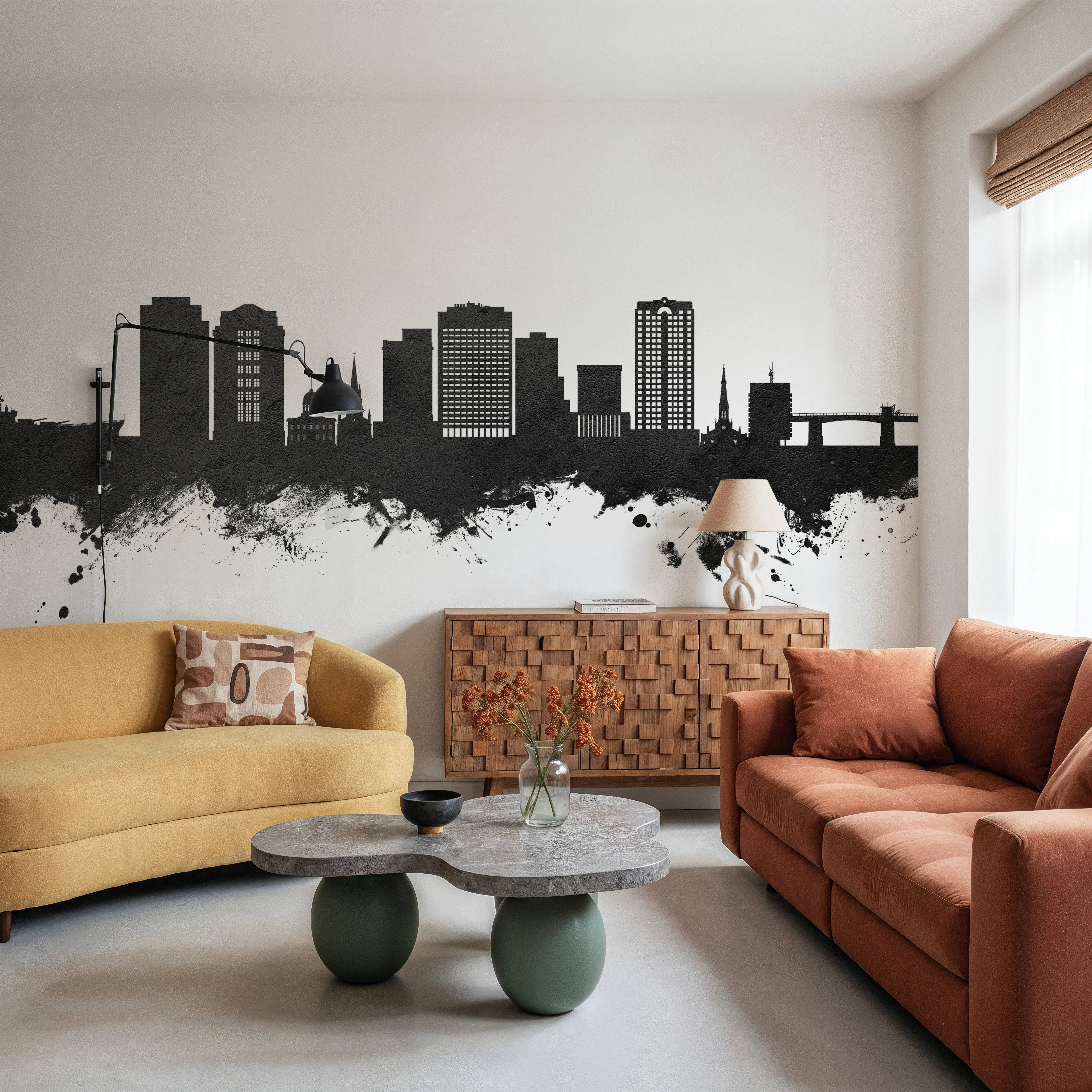 Papier Peint Panoramique - Norfolk Virginia Skyline Black & White - Graphiques - Gris - Bureaux - Wallism Belgique - Encollage au mur ou Autocollant