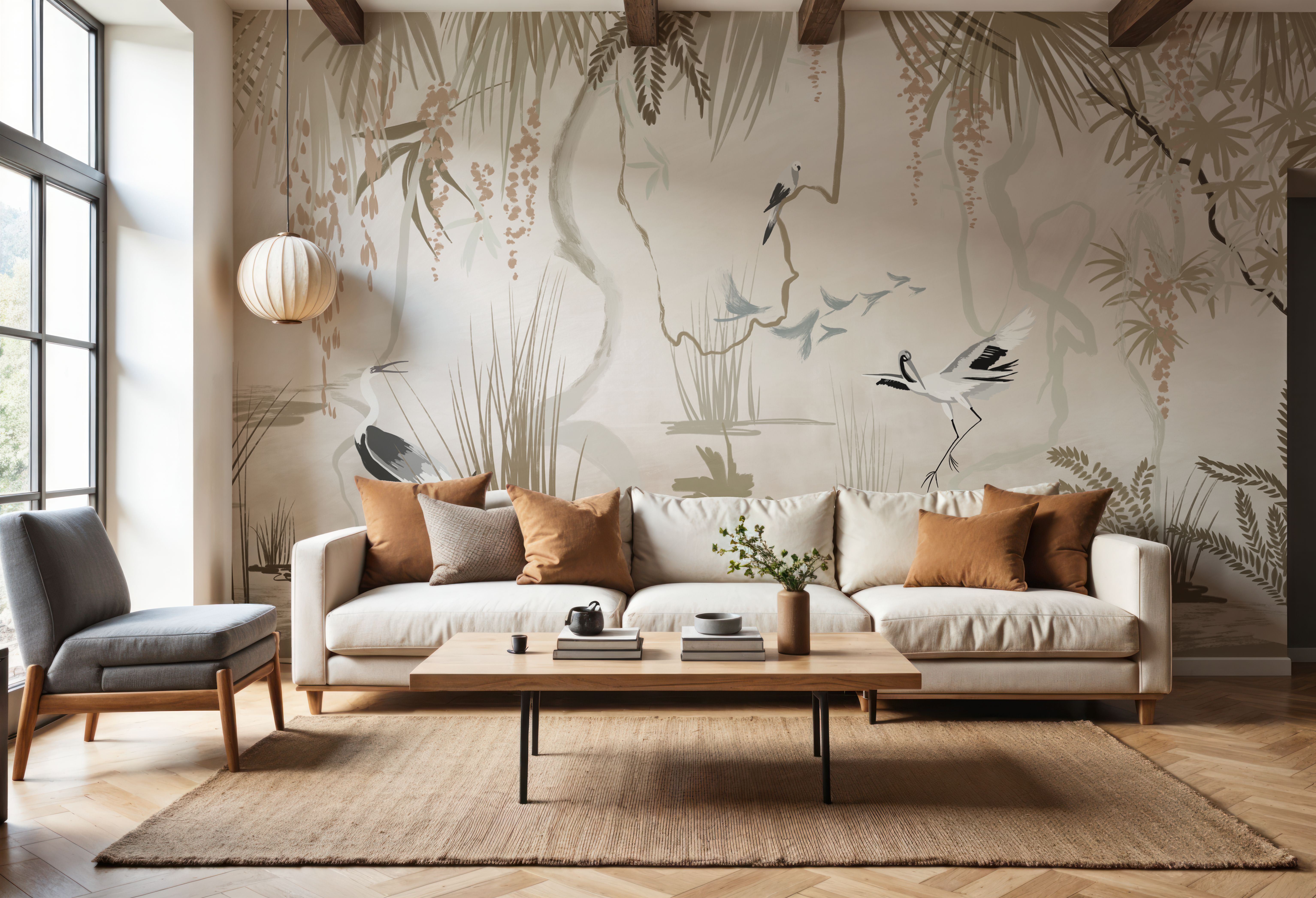 Painted Herons Scenery, Beige