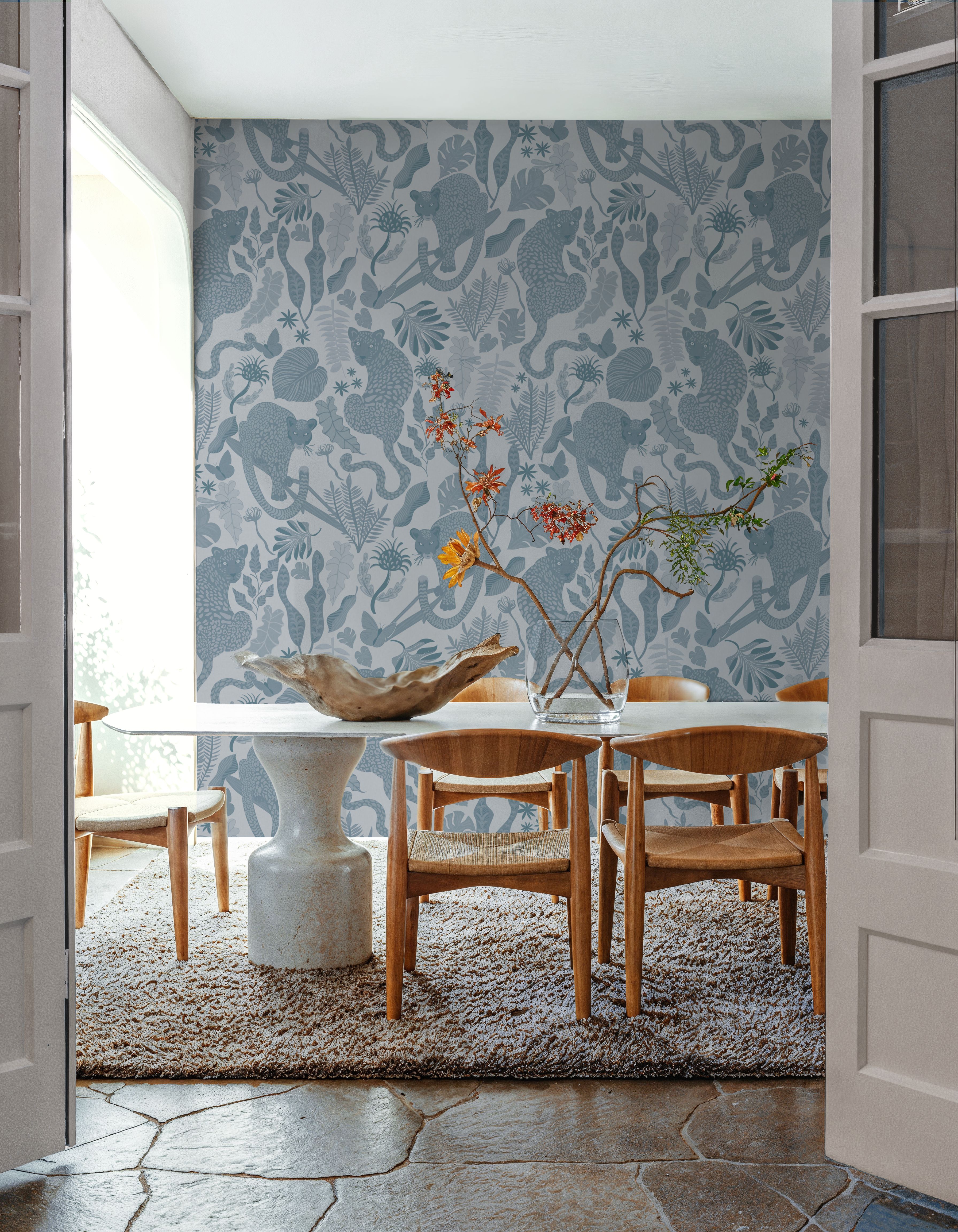 Jungle Leopards Blue, Wallpaper