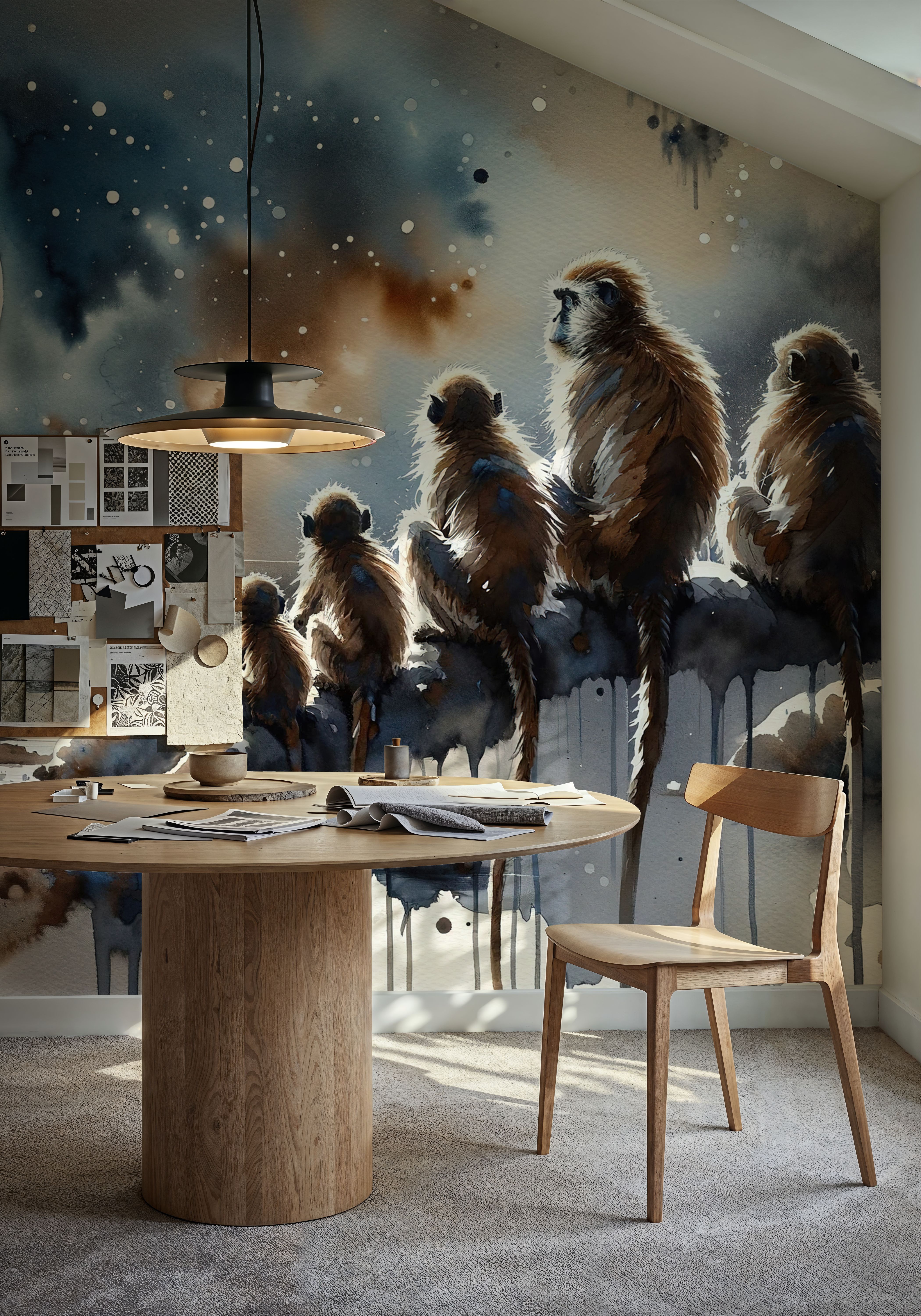 Monkey Family Night Giant Moon Watercolor