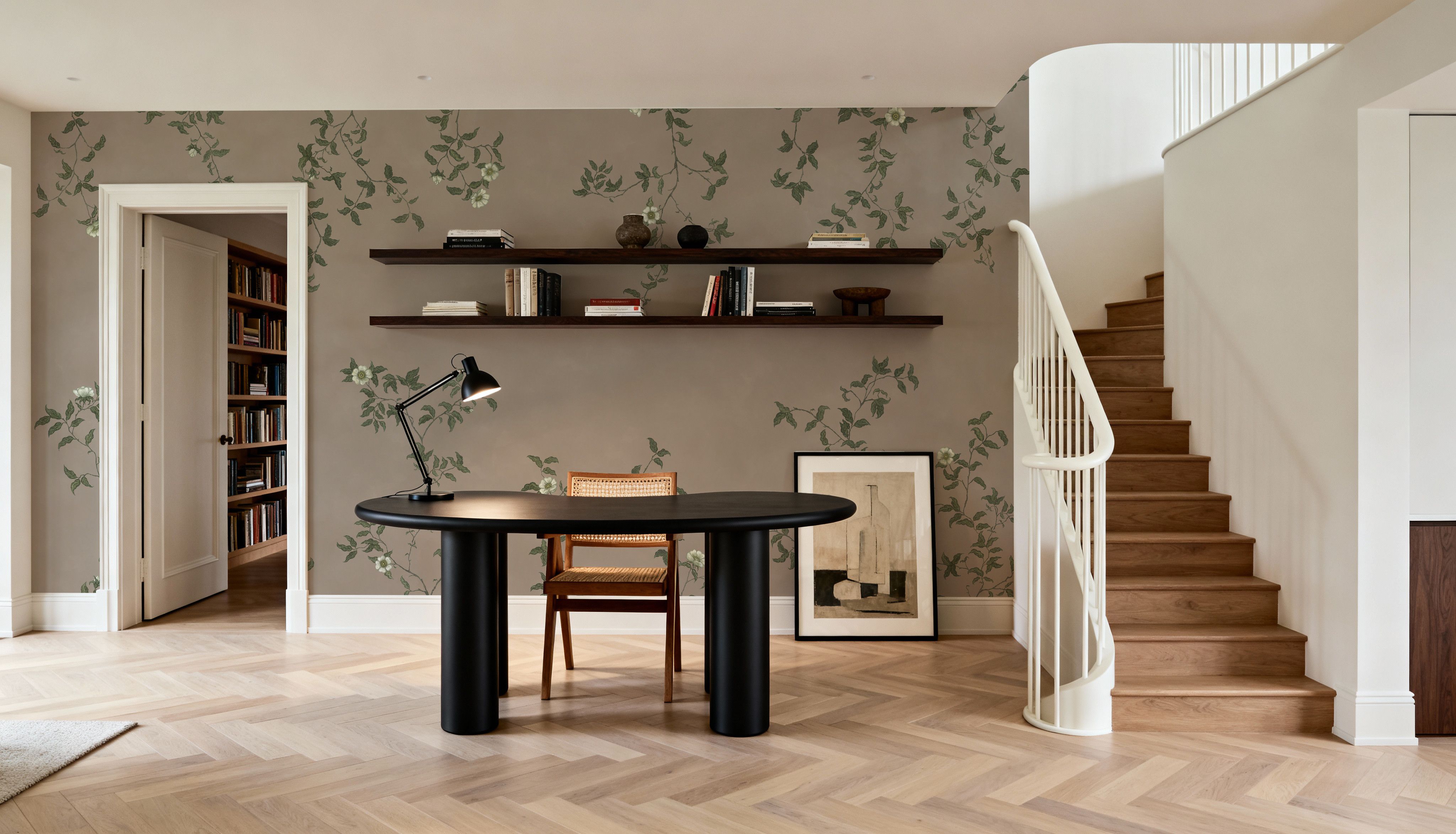 Rambling Rose, Ivory on Beige, Wallpaper