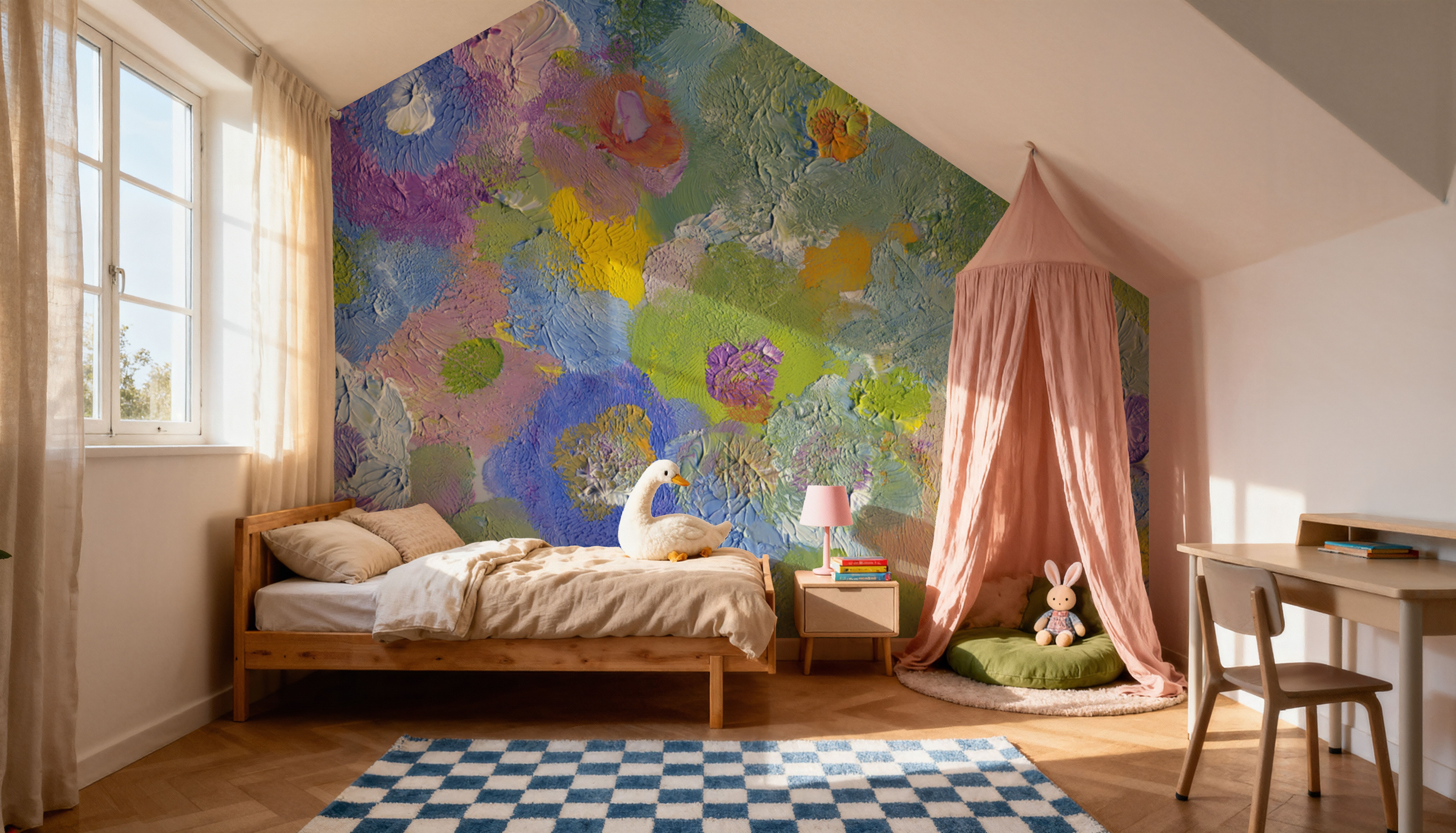 Happy Oil Painted Flowers, Blue & Purple