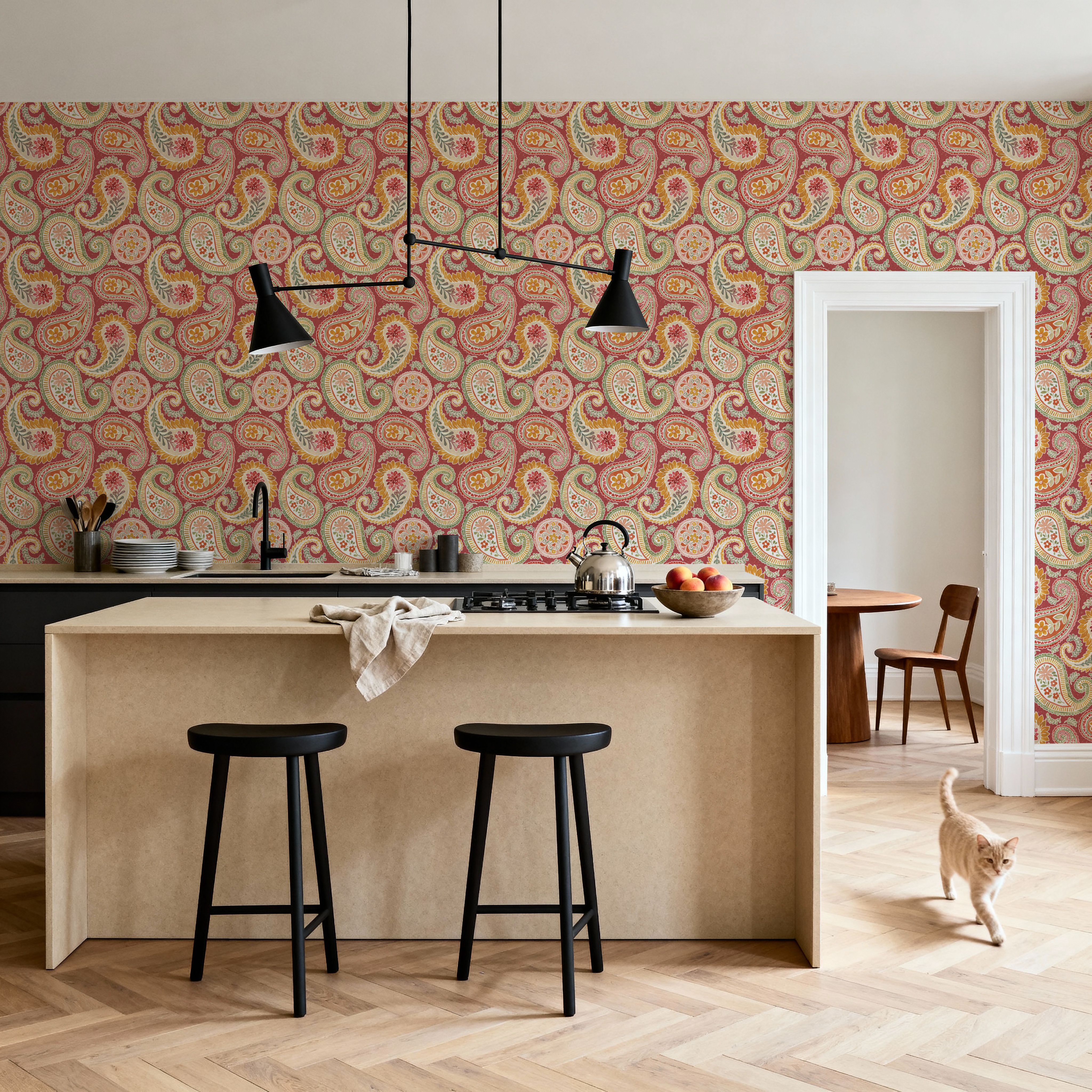 Harvest Paisley Red, Wallpaper