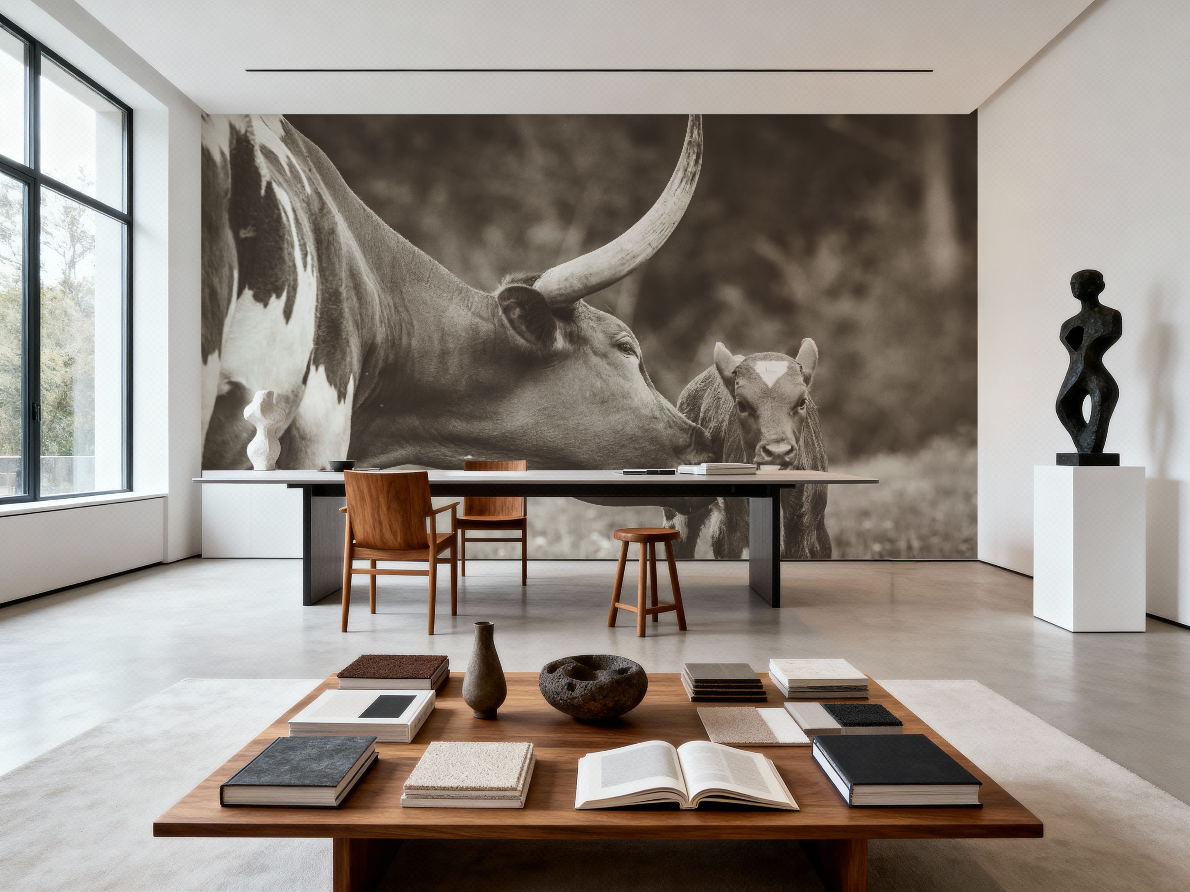 Longhorn Pasture Pair Sepia, Wallpaper