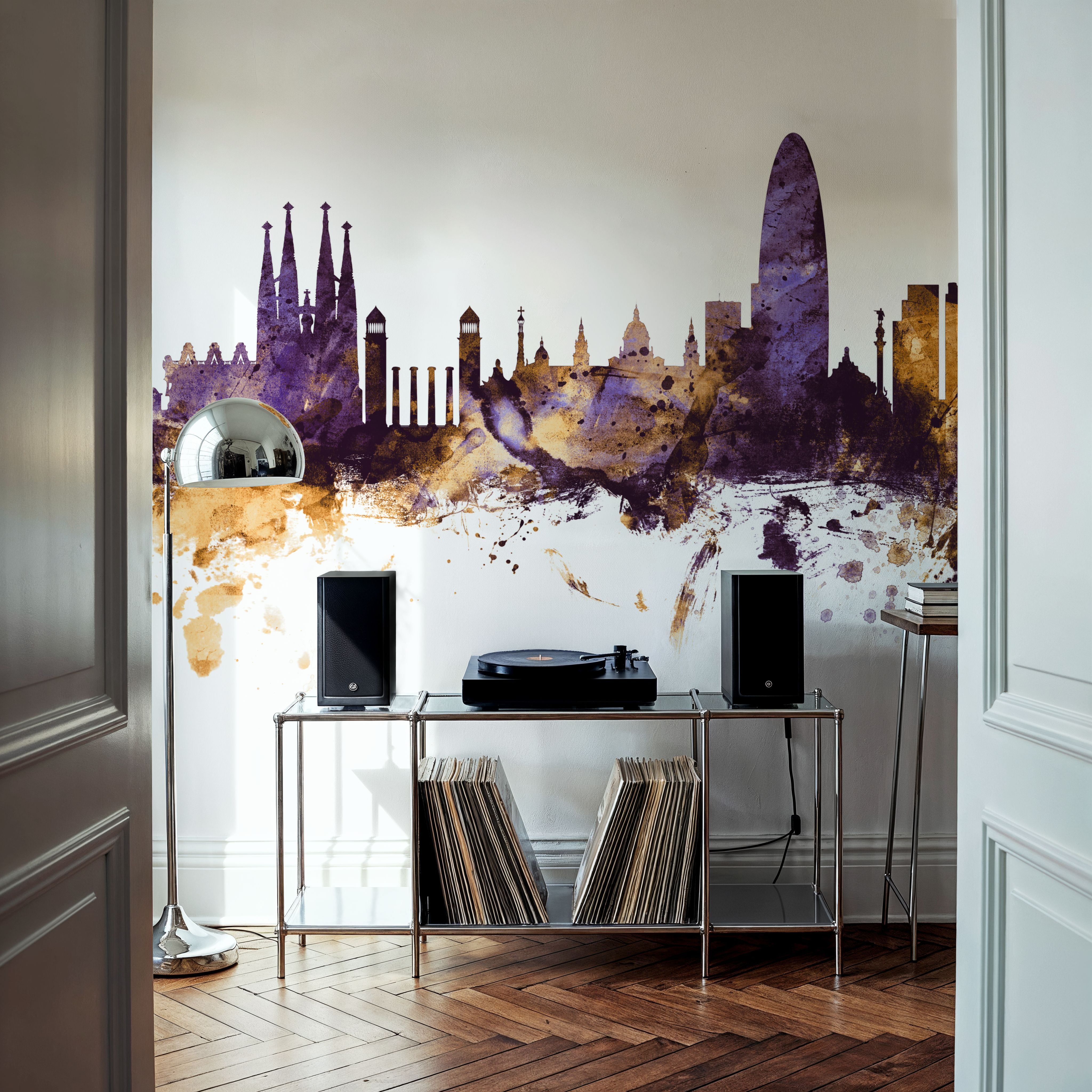 Barcelona Skyline Purple & Gold