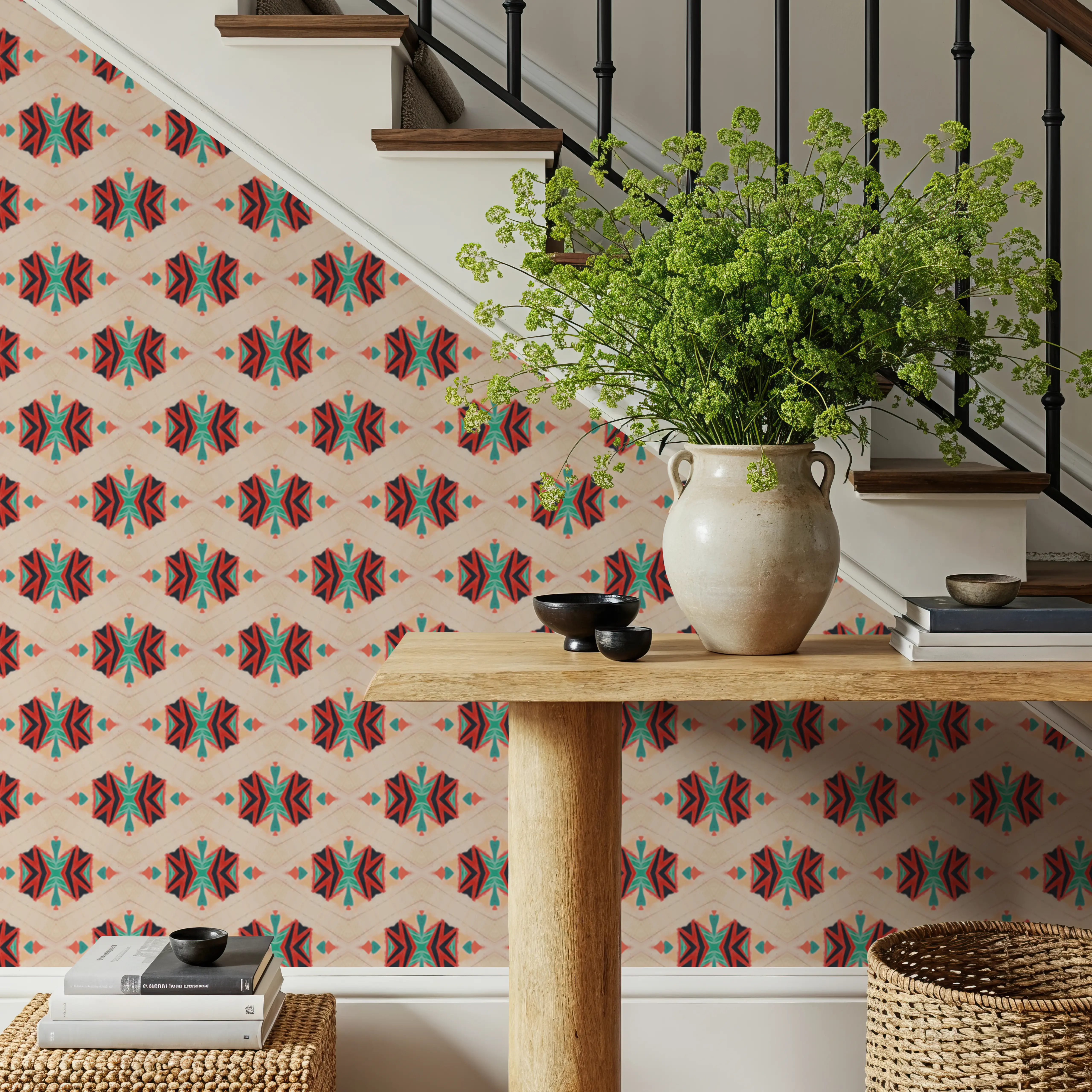 Wallpaper - Batik Makassar - Ikat Lines - Red - Offices - Wallism UK - Peel & Stick or Paste-the-Wall