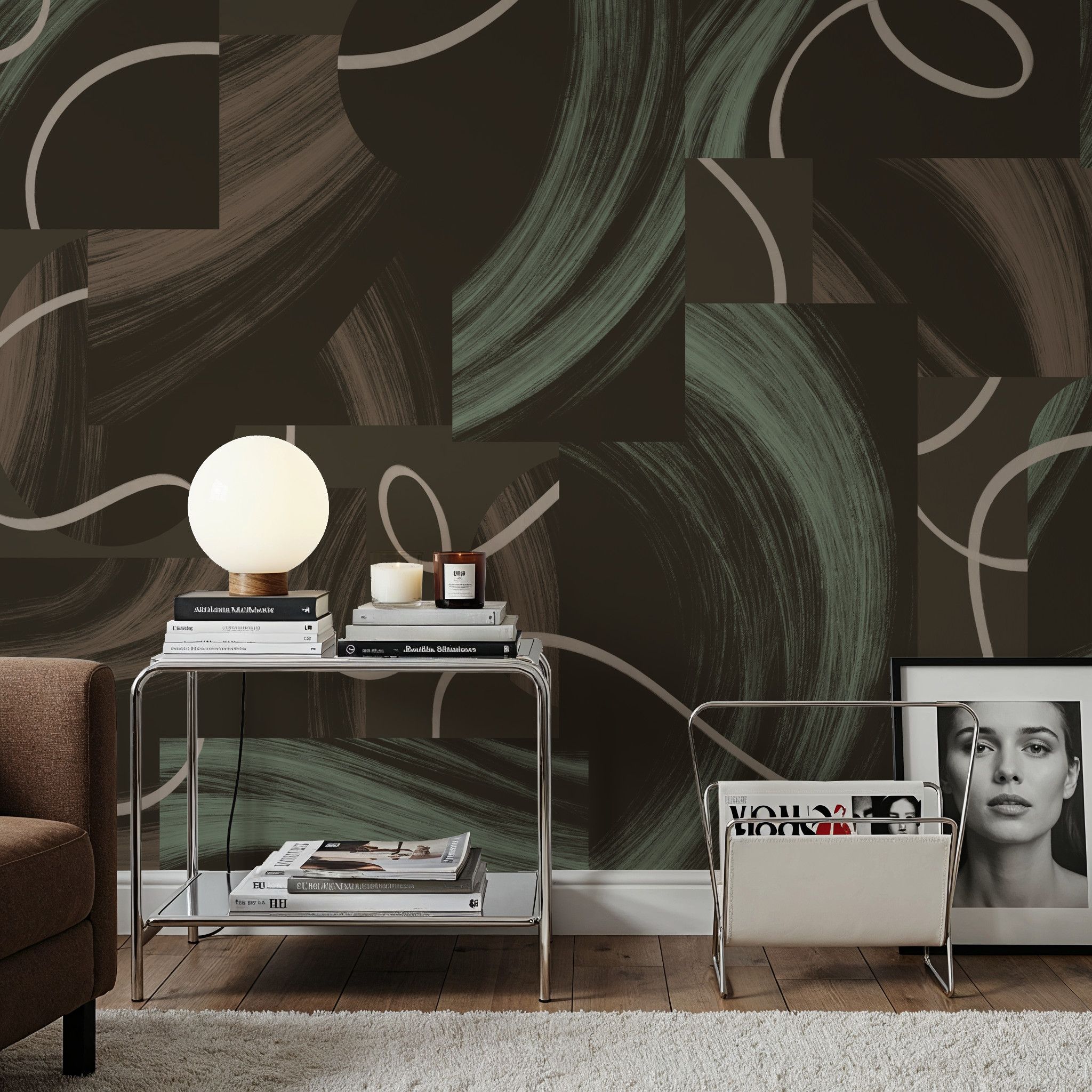 Wall Mural - Atomic Paint, Alligator Green - Abstract Contemporary mural wallpaper - Brown - Living room - Wallism UK