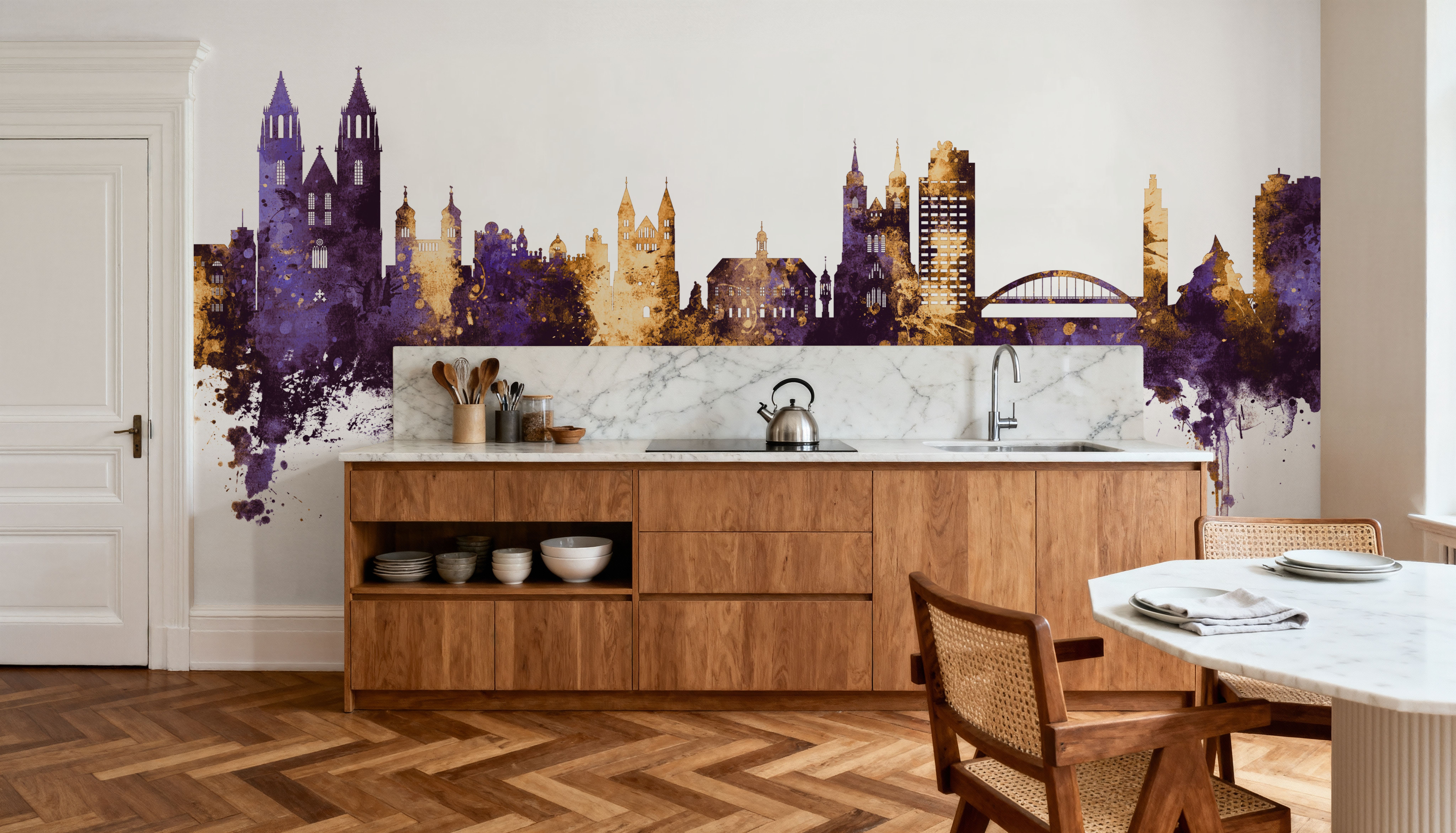Magdeburg Germany Skyline Purple & Gold, Wallpaper