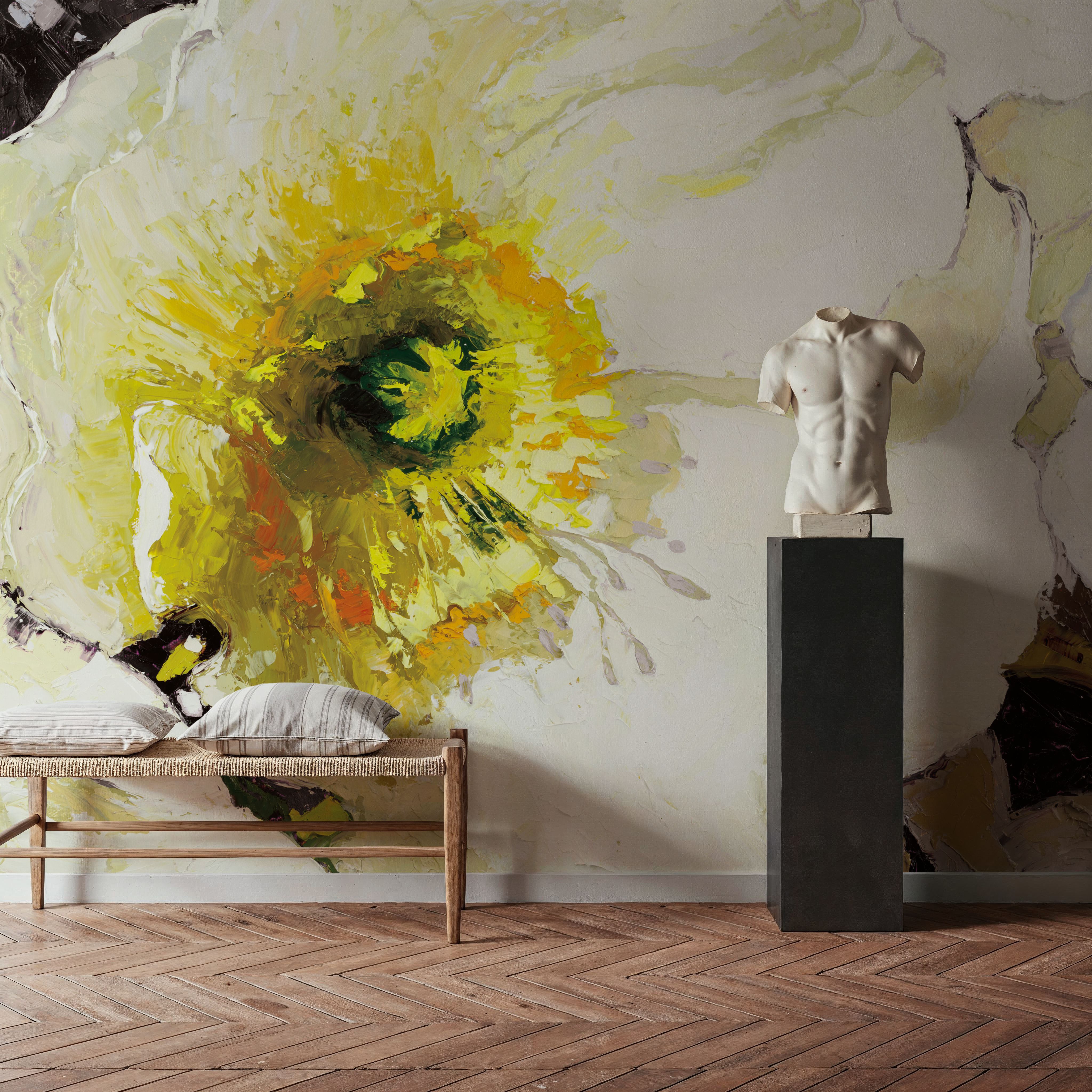 Wall Mural - White Poppies Up Close Neutral - Abstract Nature mural wallpaper - Yellow - Living room - Wallism US - Premium, Textured or Peel & Stick