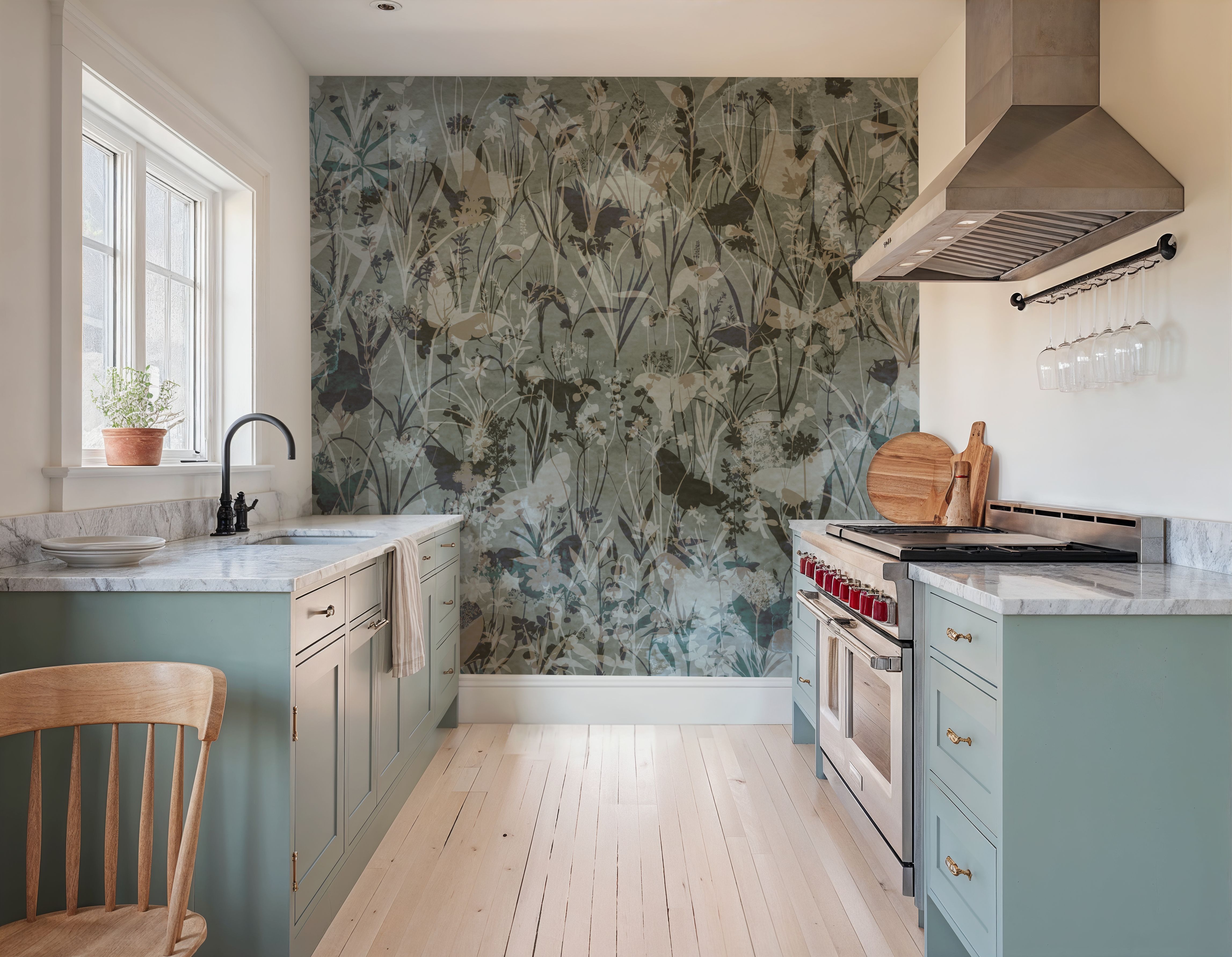 Wall Mural - Herbals and Butterflies Double Silhouette Dark Green - Dining Room - Wallism US - Premium, Textured or Peel & Stick