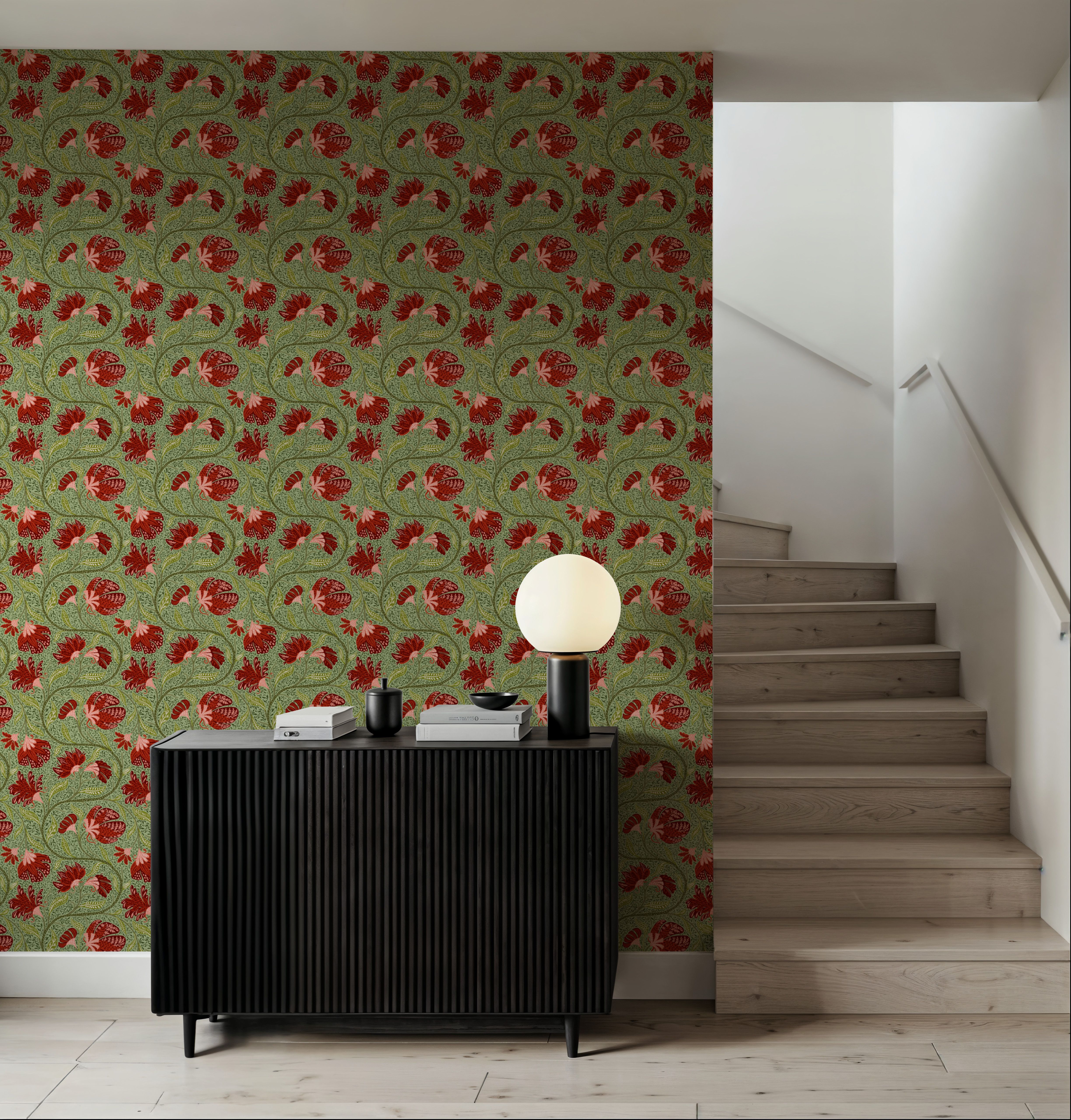 Indial Floral, Vermilion on Pistachio