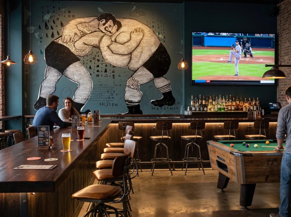 an interior photo of a sport bar with a wall mural of men wrestling and a tv on the wall