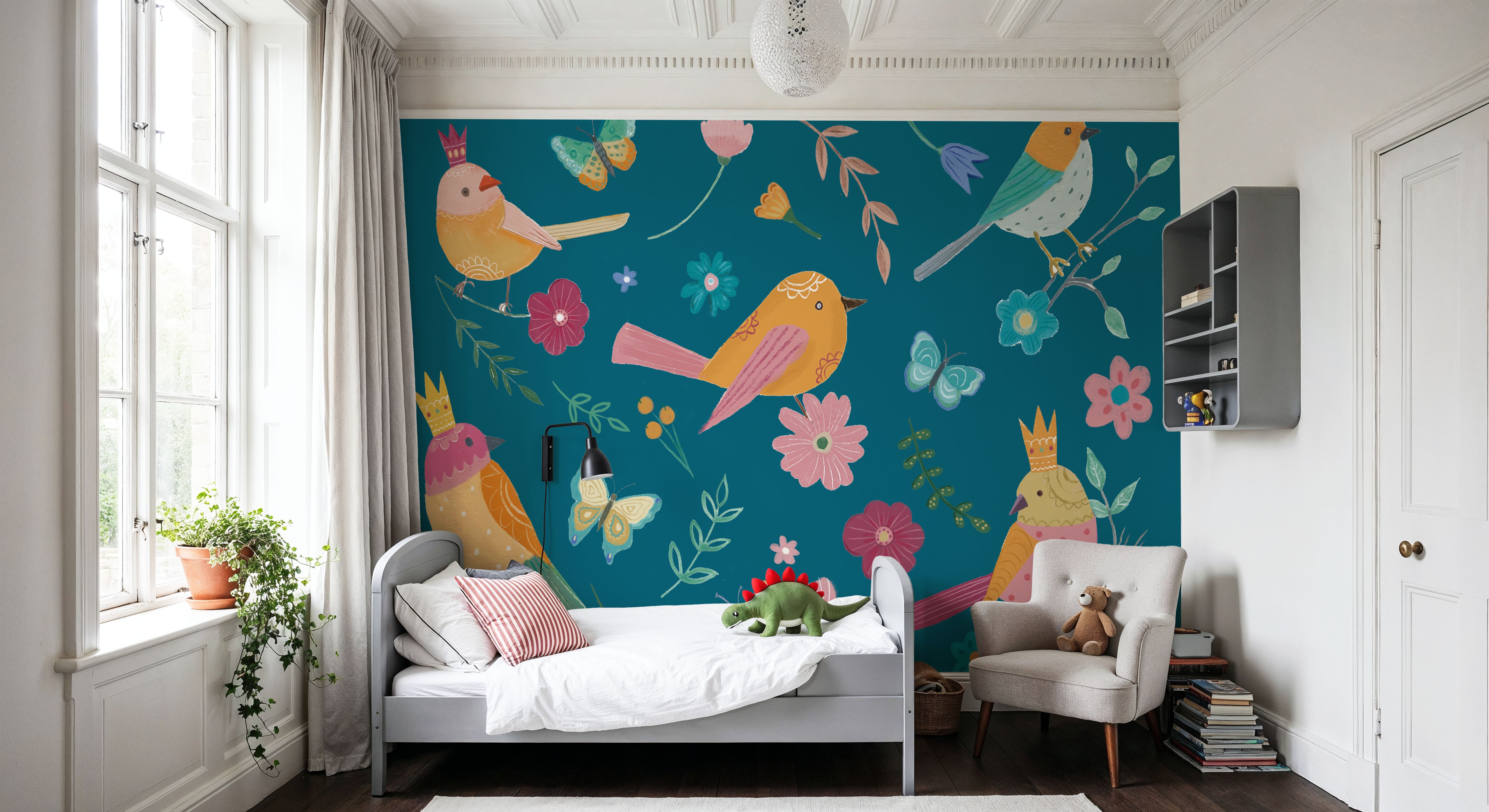 Royal Birds on Blue, Wallpaper