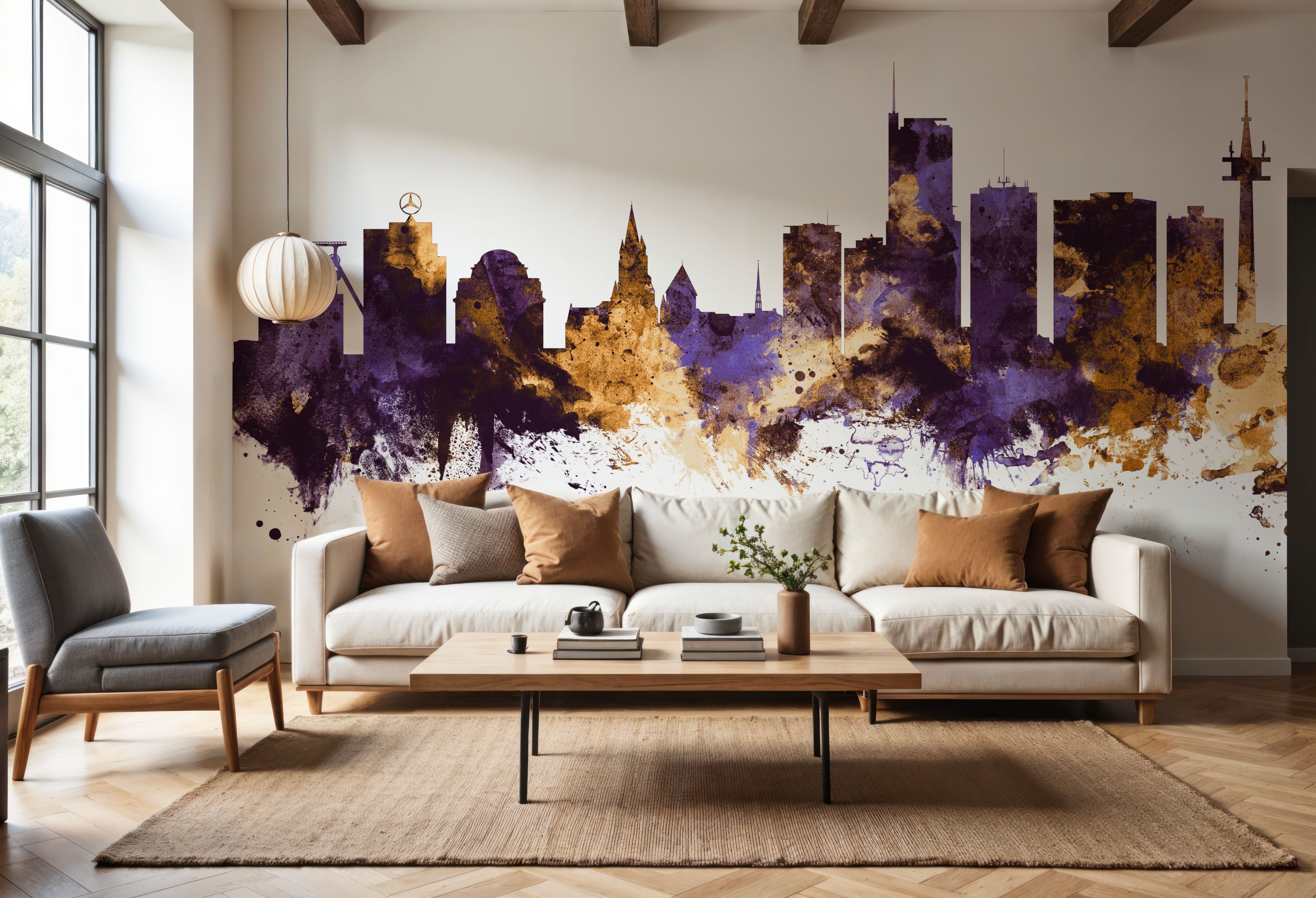 Essen Germany Skyline Purple & Gold, Behang