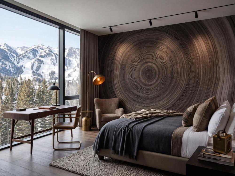 an interior photo of a hotel room at an Aspen ski resort with a timber wall mural on the wall behind the bed and views of the mountain pass outside the window