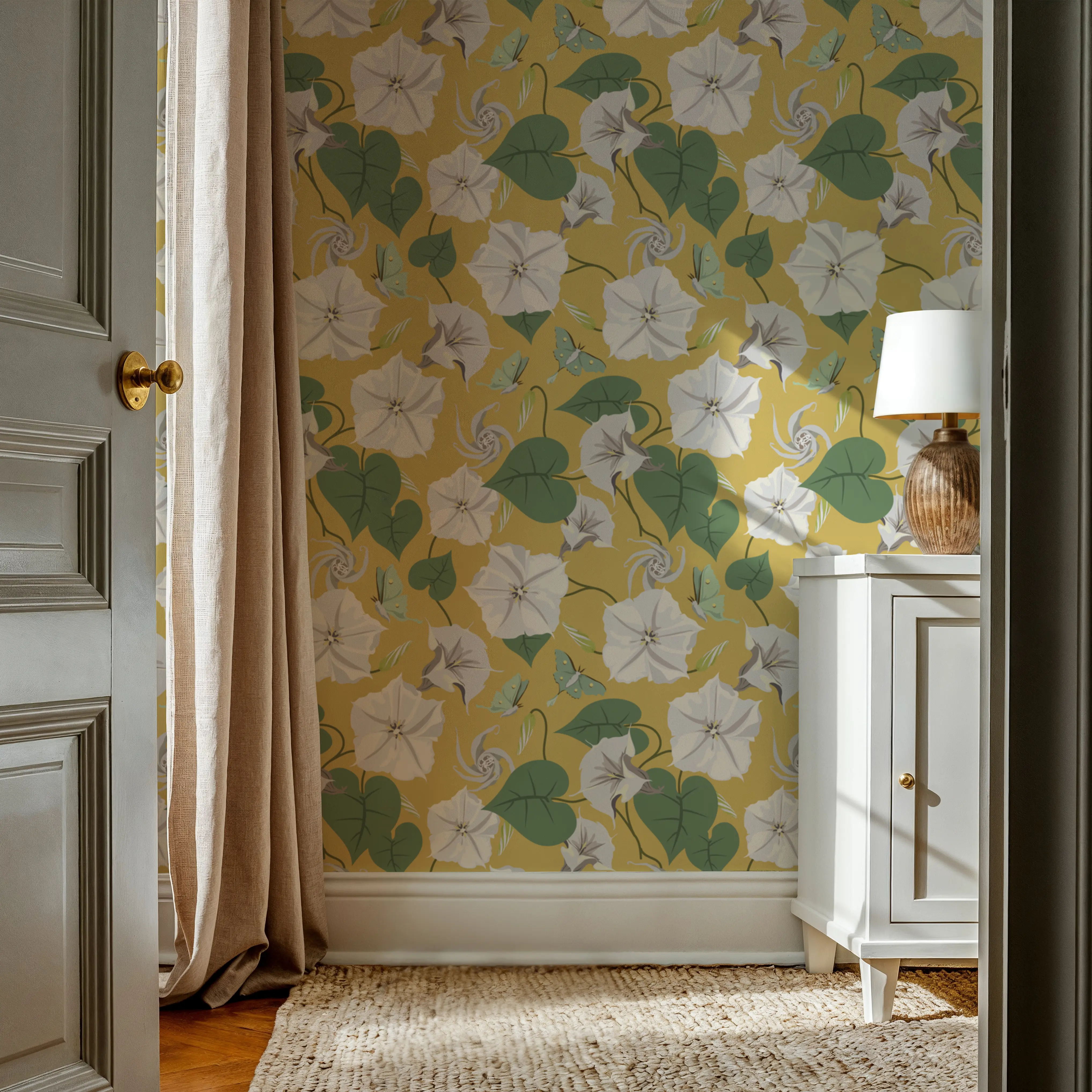 Wallpaper - Moon Vine, Macaroon - Floral Nature - Yellow - Bedroom - Wallism UK - Peel & Stick or Paste-the-Wall