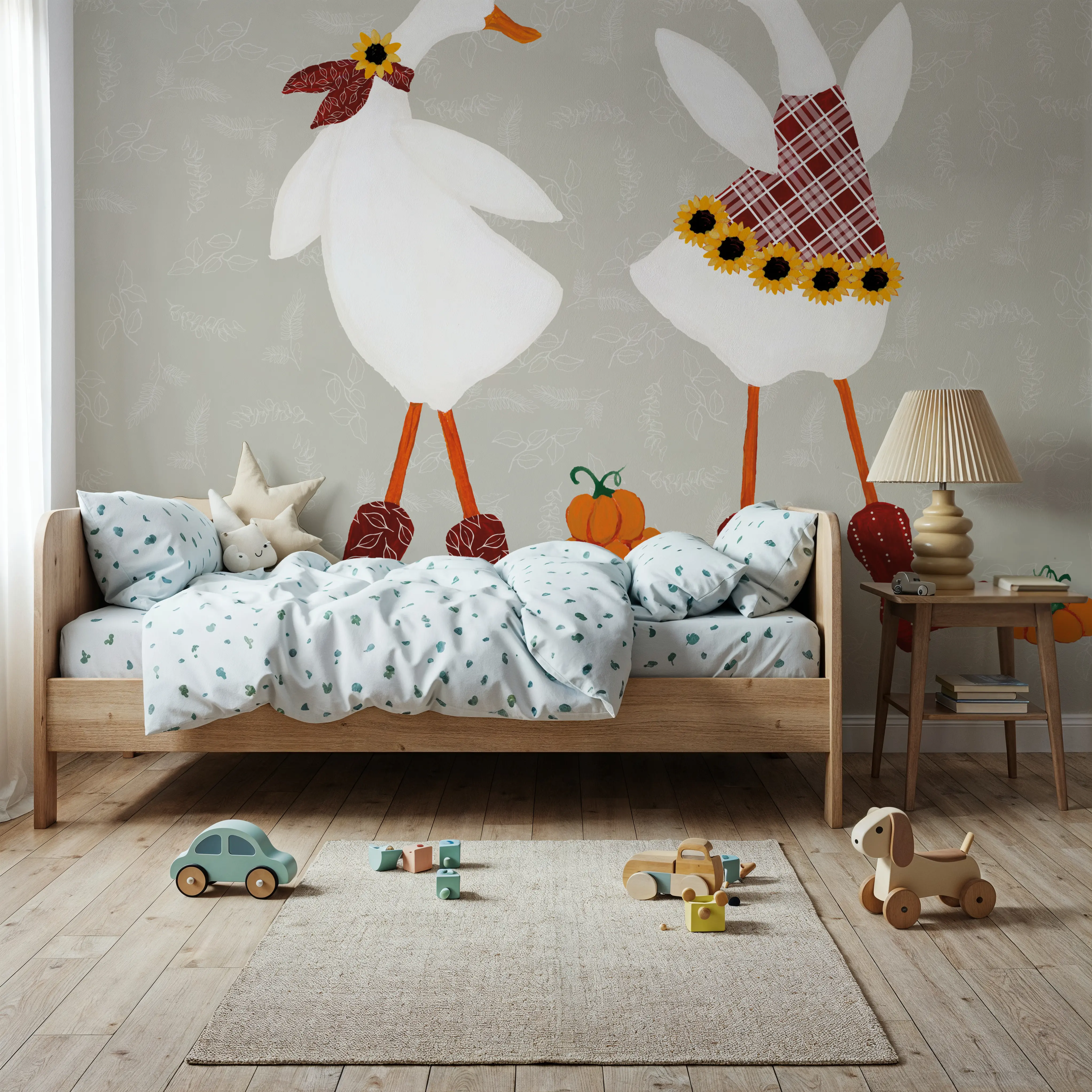 Mural - Ducks in the Pumpkin Patch VII - Fåglar Djur fototapet - Orange - Barnrum - Wallism - Självhäftande eller limmad