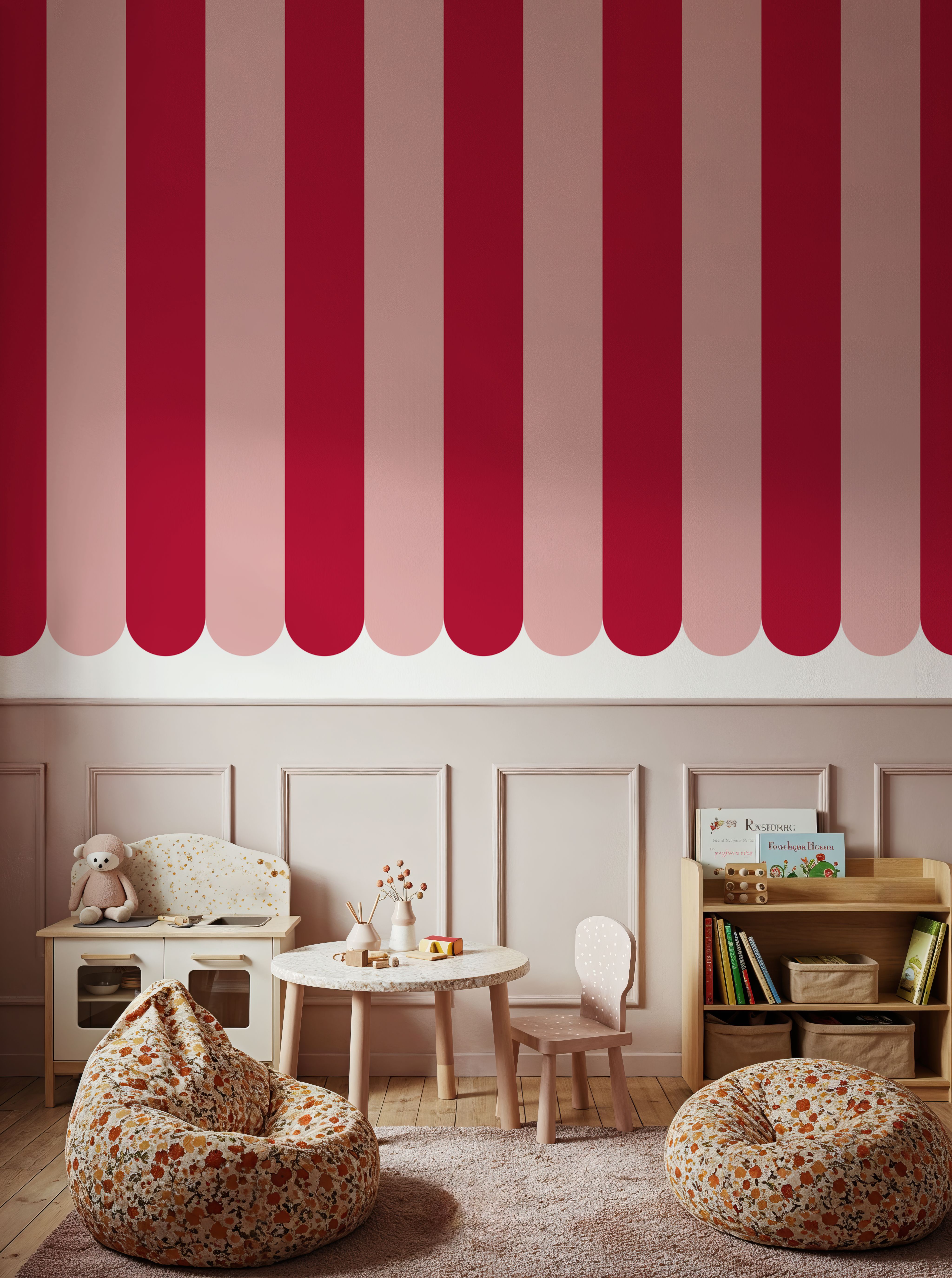 Scalloped Circus Stripes, Red on Pink
