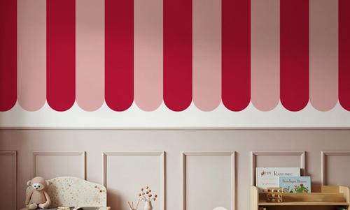 Scalloped Circus Stripes, Red on Pink