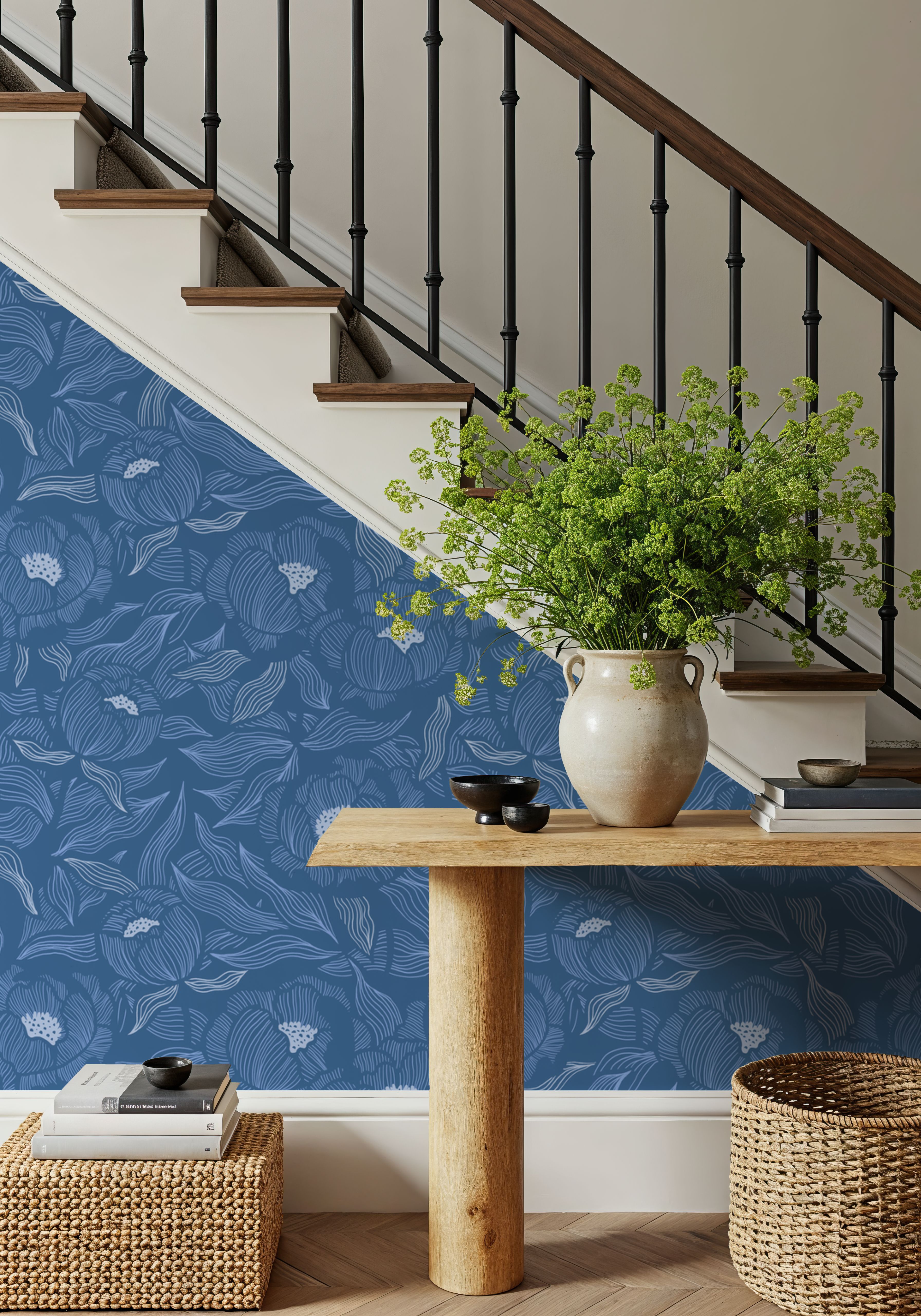 Hidden Peonies, Blue, Papier peint