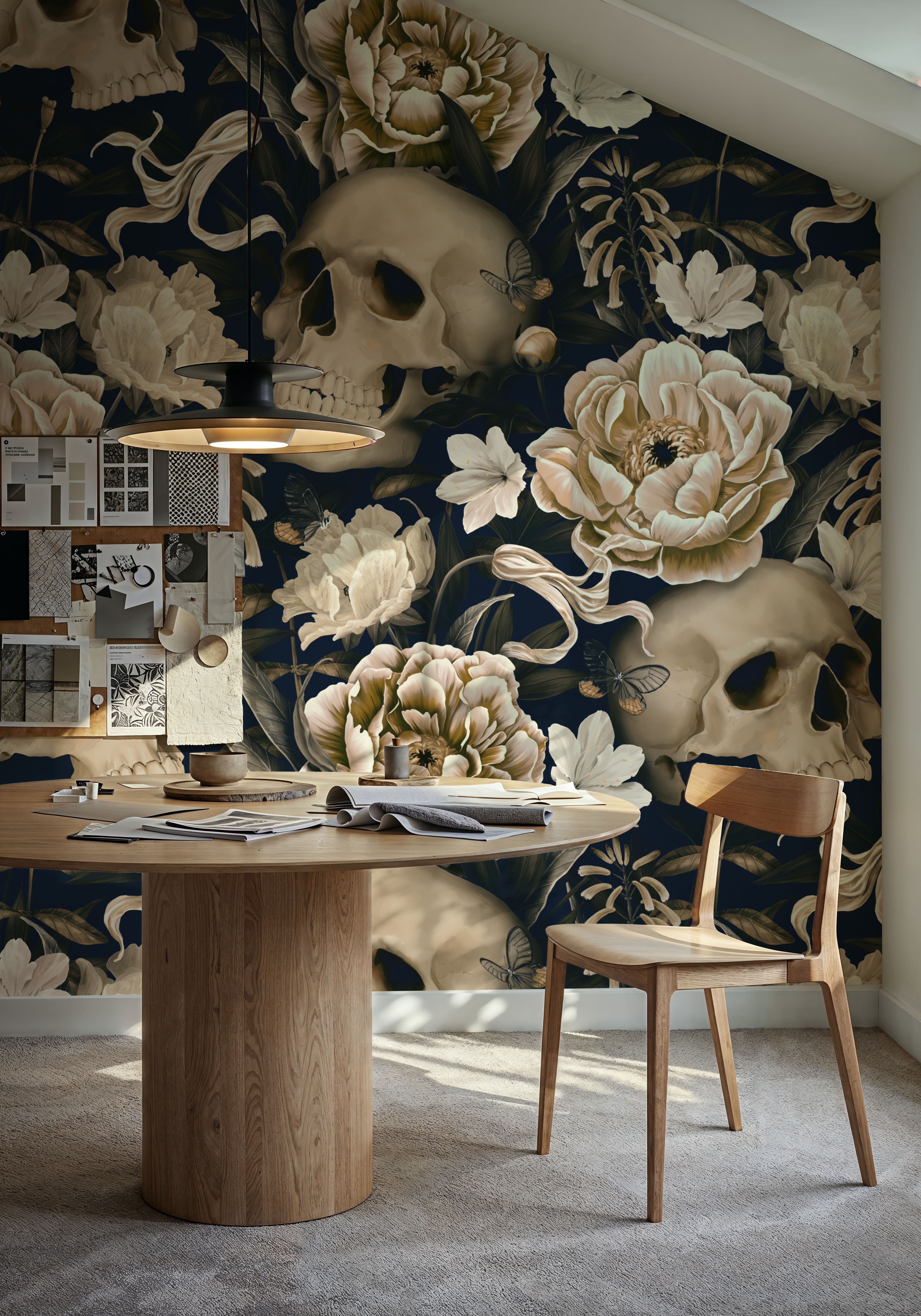 Peonies and Skulls Dark Blue