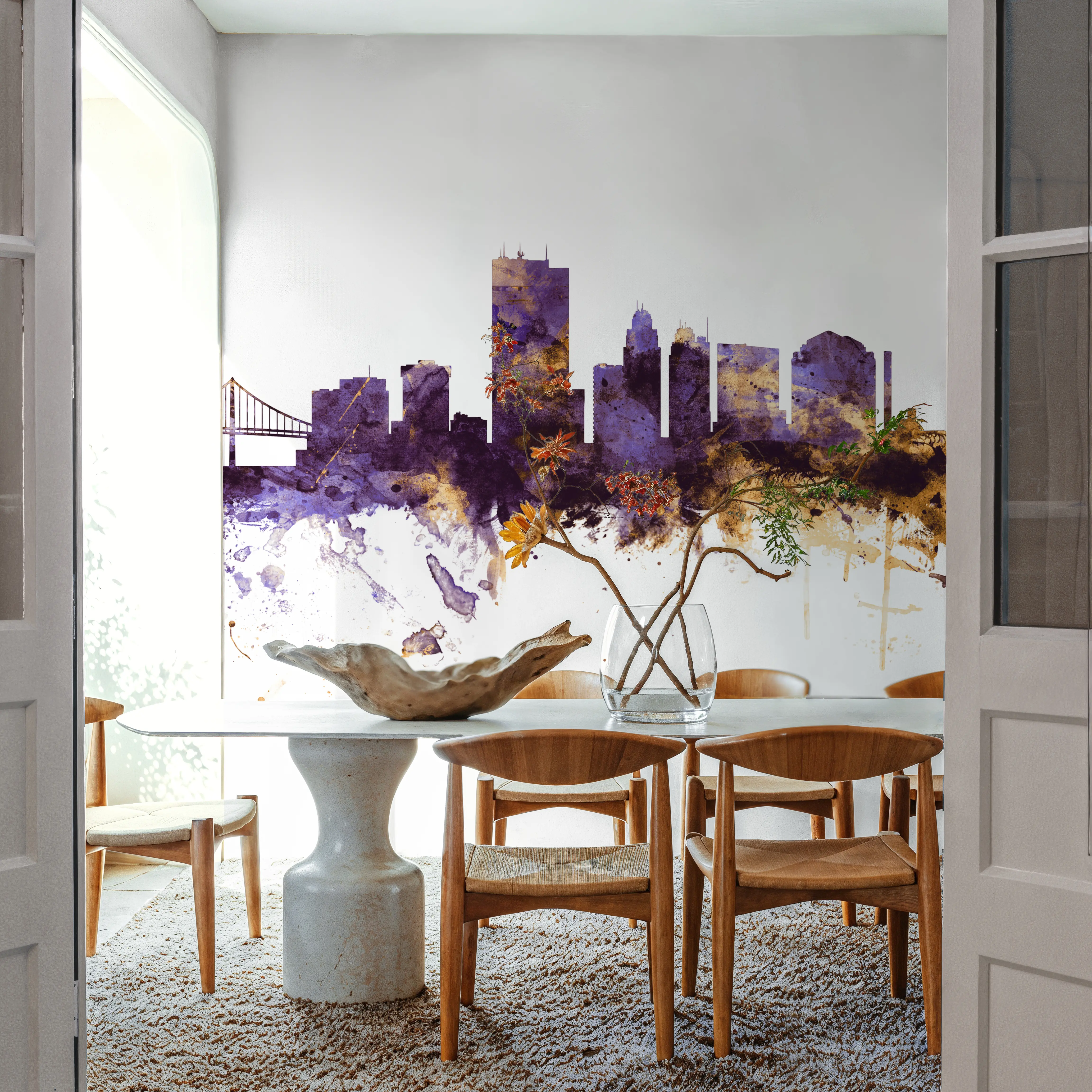 Fotobehang - Toledo Ohio Skyline Purple & Gold - Abstract Kunst Mural - Paars - Gangtrappen - Wallism België - Zelfklevend of Vliesbehang