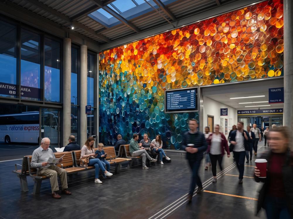 an interior photo of a bus station waiting hall with an abstract colorful wall mural on the wall