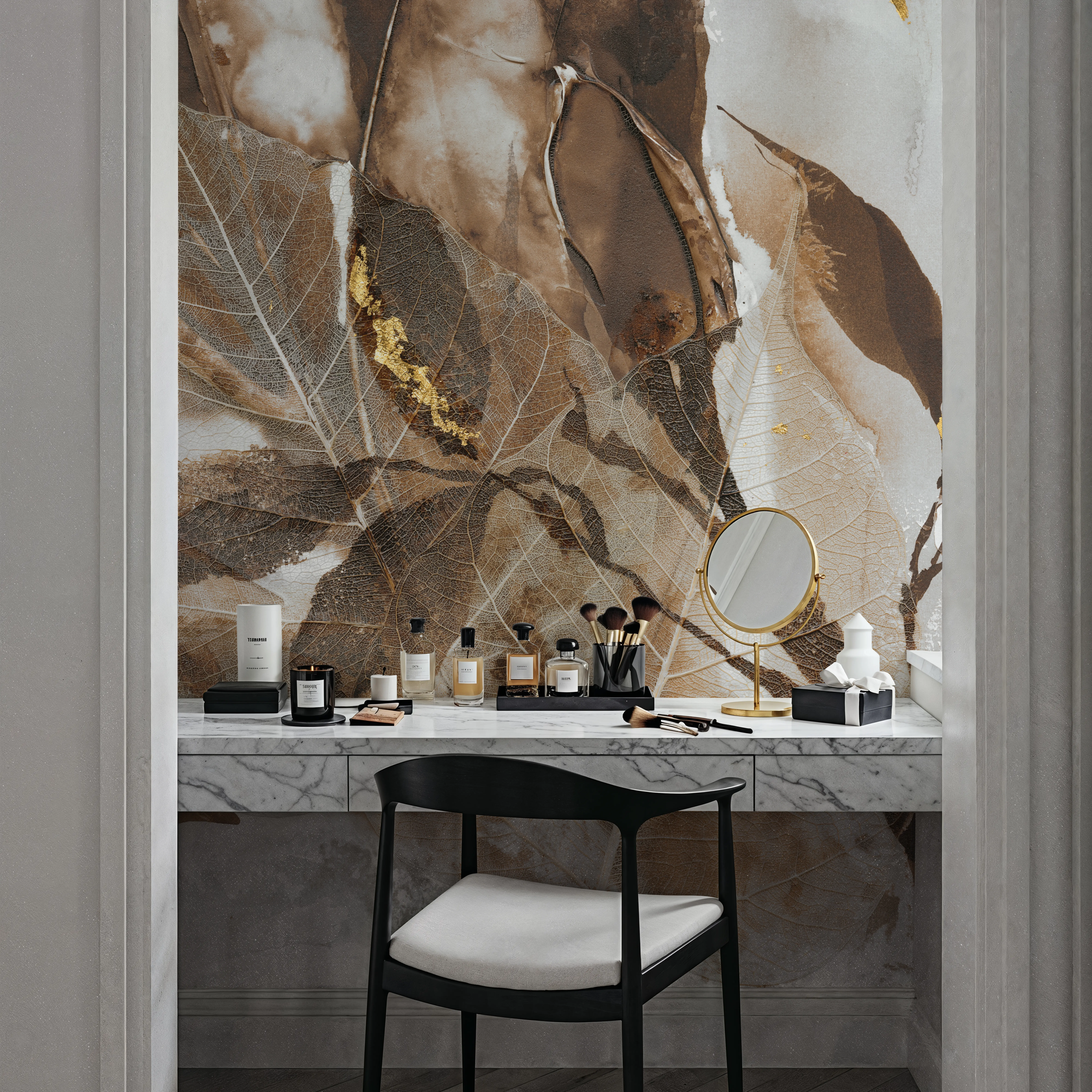 Papier Peint Panoramique - Gilded Leaf Collage II - Abstrait Feuillage - Marron - Bureaux - Wallism Belgique - Encollage au mur ou Autocollant