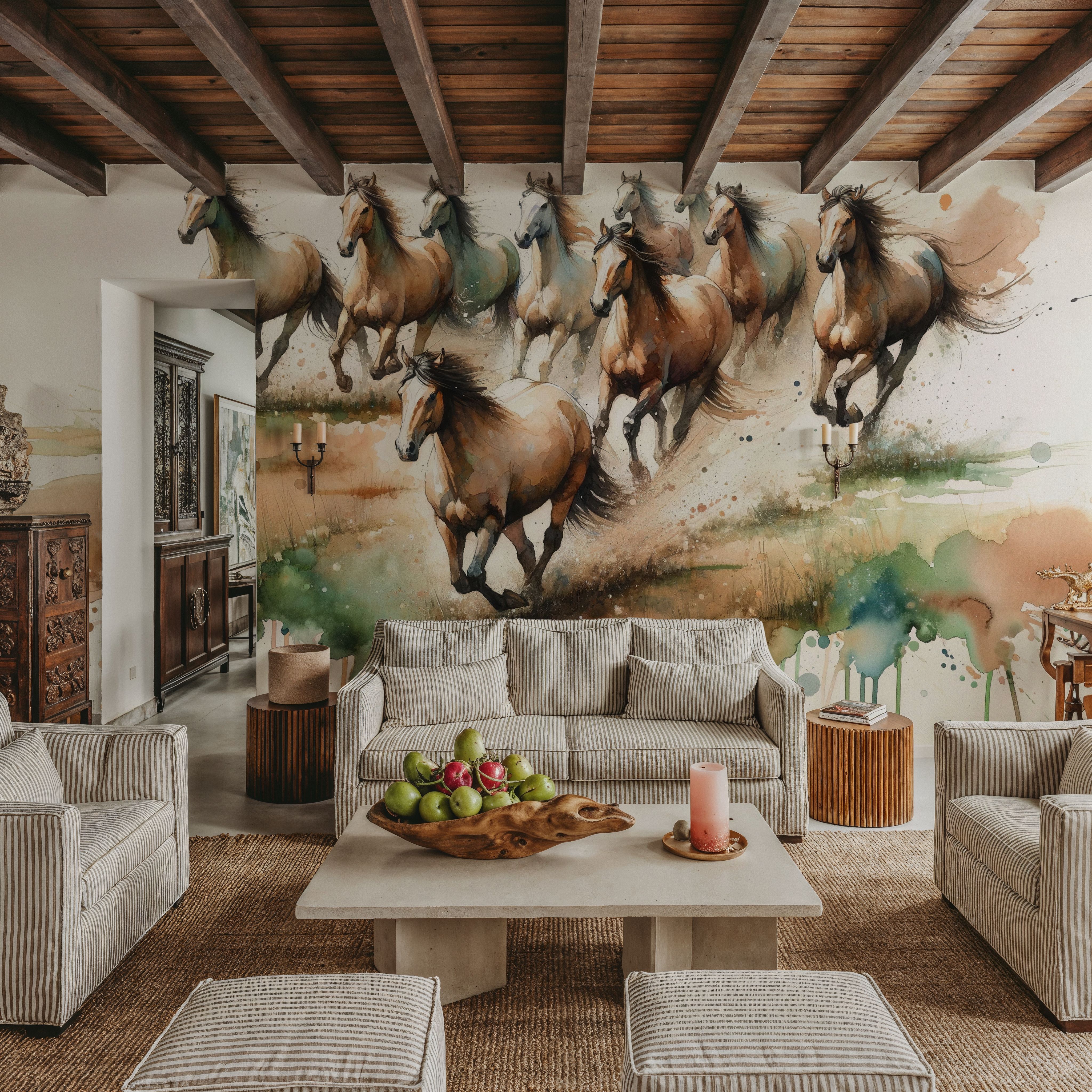 Horses Galloping Field Watercolor