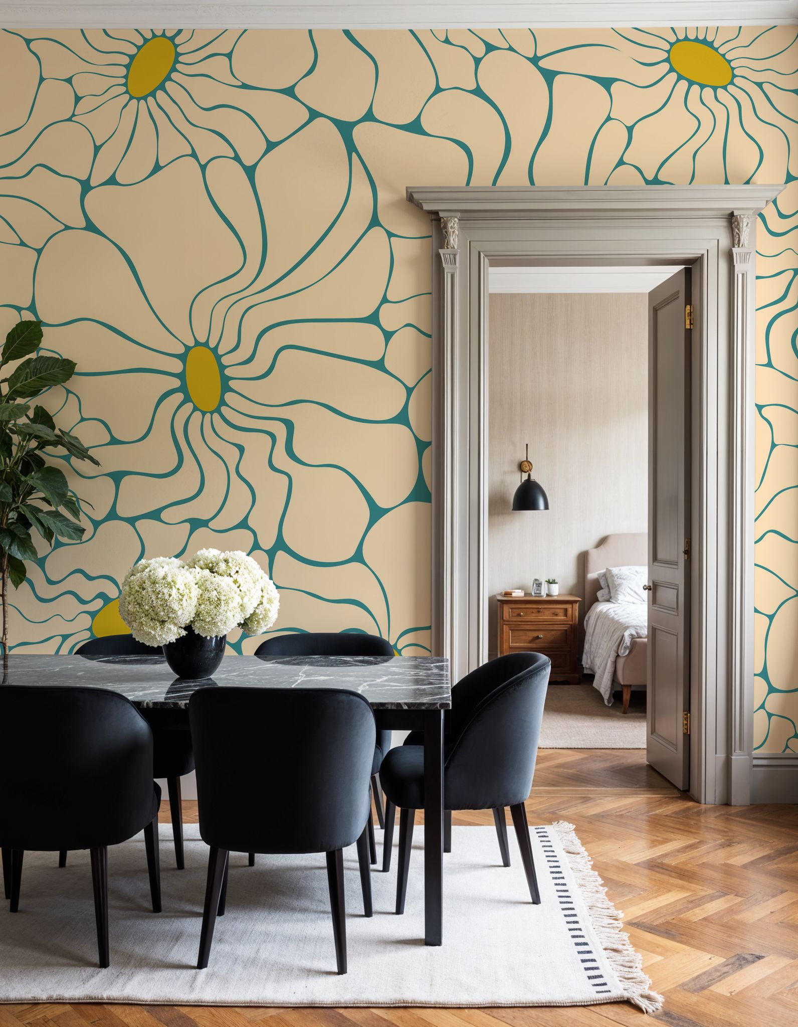 Cool Fluid Flowers Mural, Cream