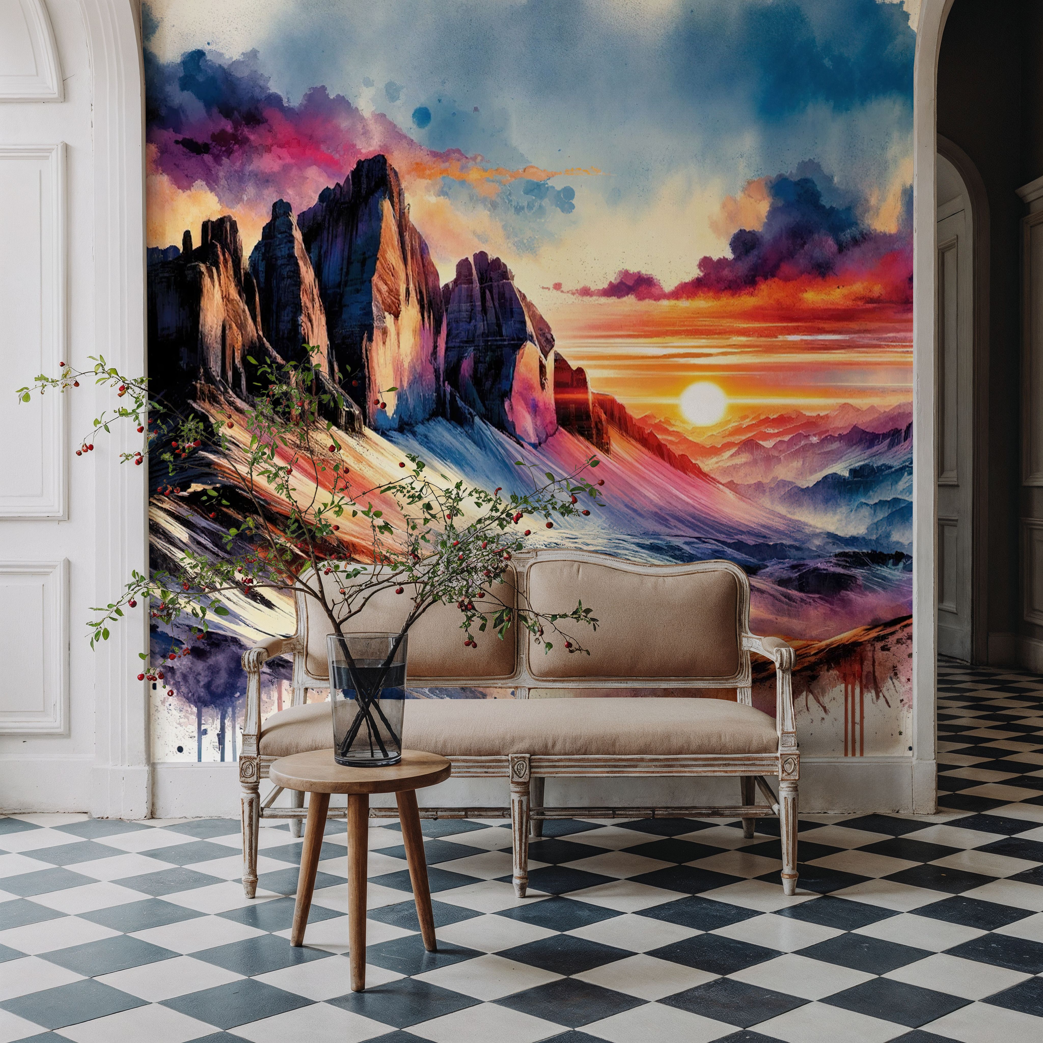 Watercolor Mountains Landscape At Sunset