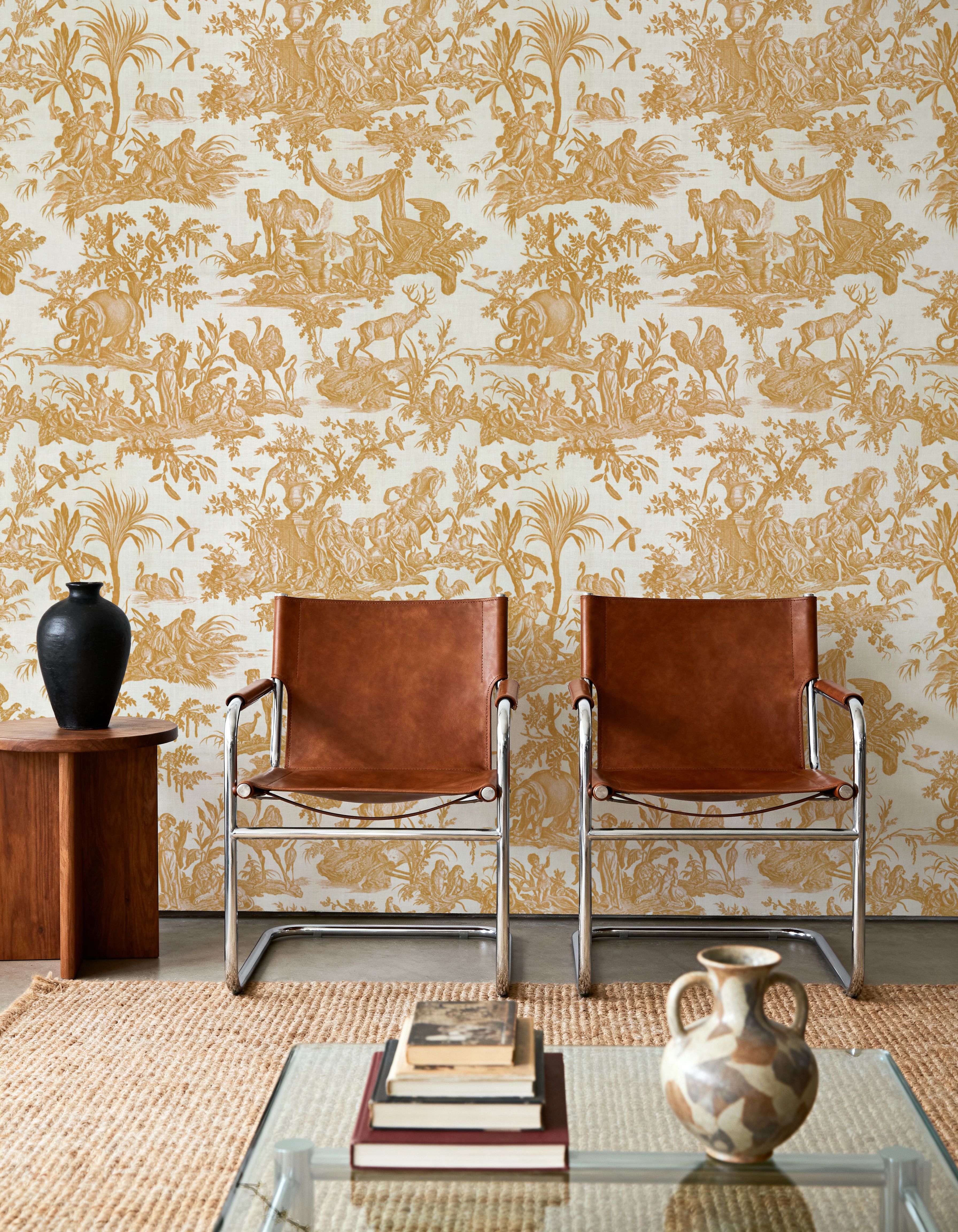 Patinated Linen Toile de Jouy, Sunflower, Wallpaper