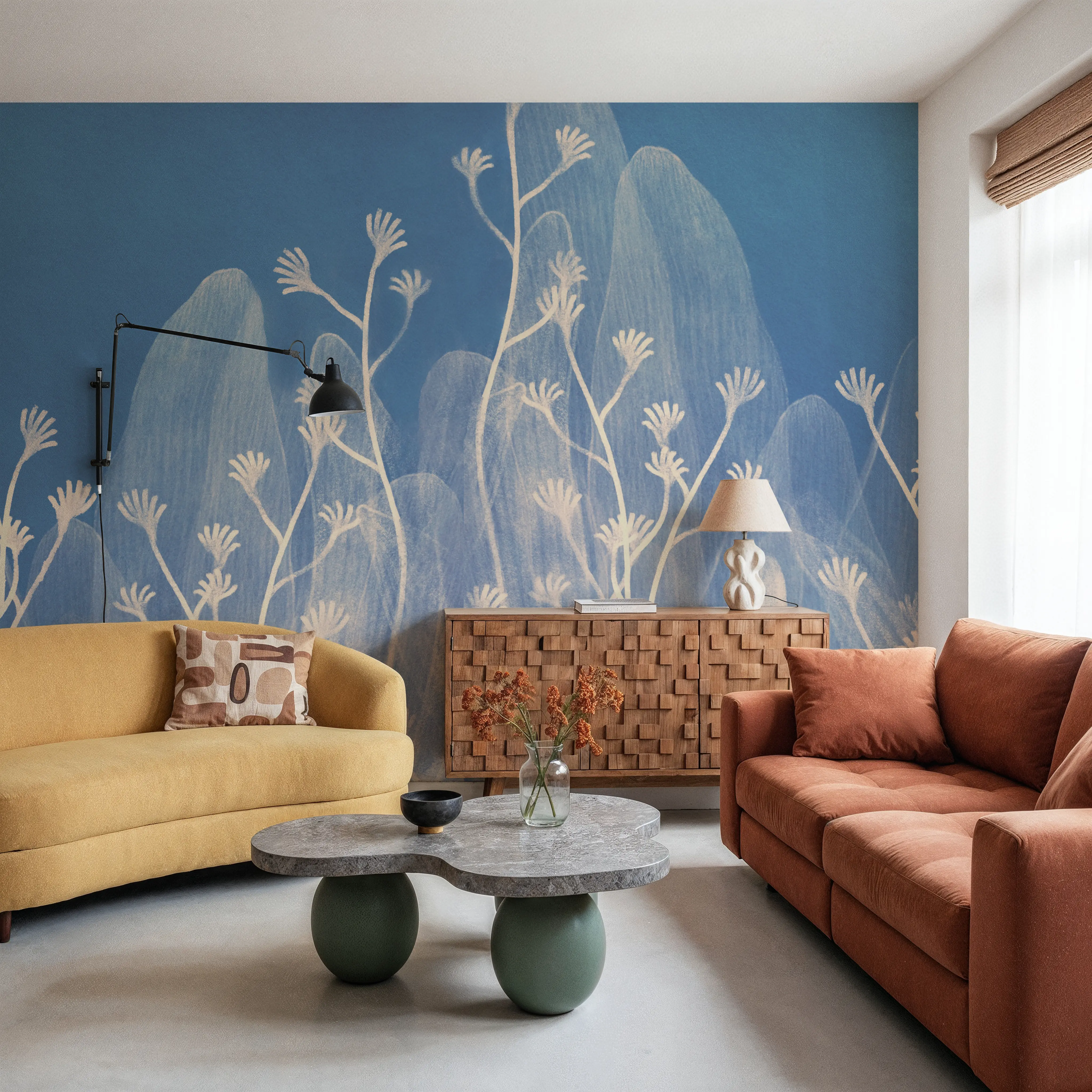 Fotobehang - Arte Blooms - Bloemen Natuur Mural - Blauw - Kantoorruimtes - Wallism België - Zelfklevend of Vliesbehang